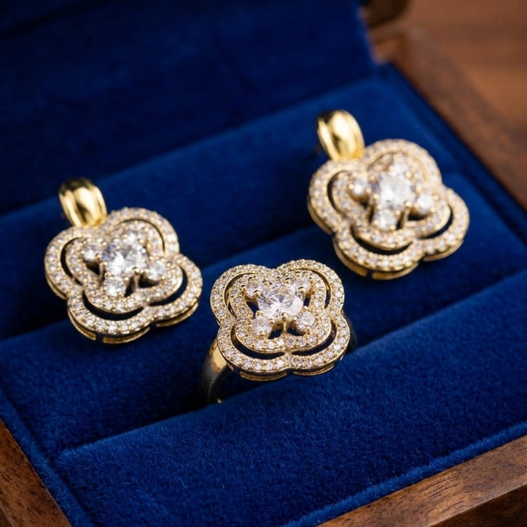 Gold Floral Ring & Earrings Set (FSE301)