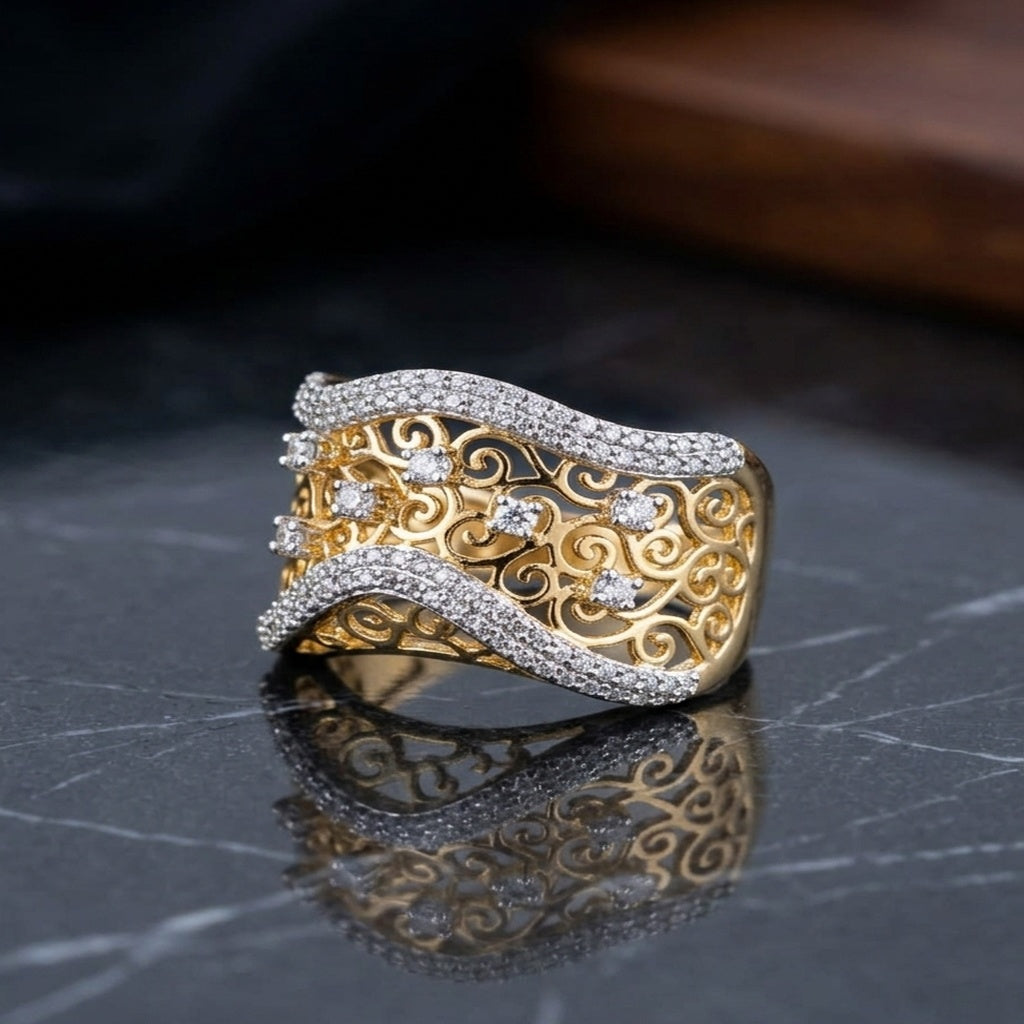 Gold Filigree Wide Band Ring with Diamond Wave Design (FSR214)