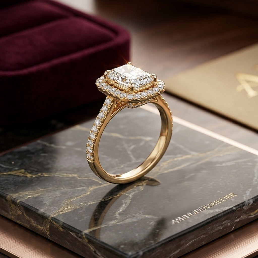 Emerald Cut Diamond Halo Engagement Ring (FSR216)
