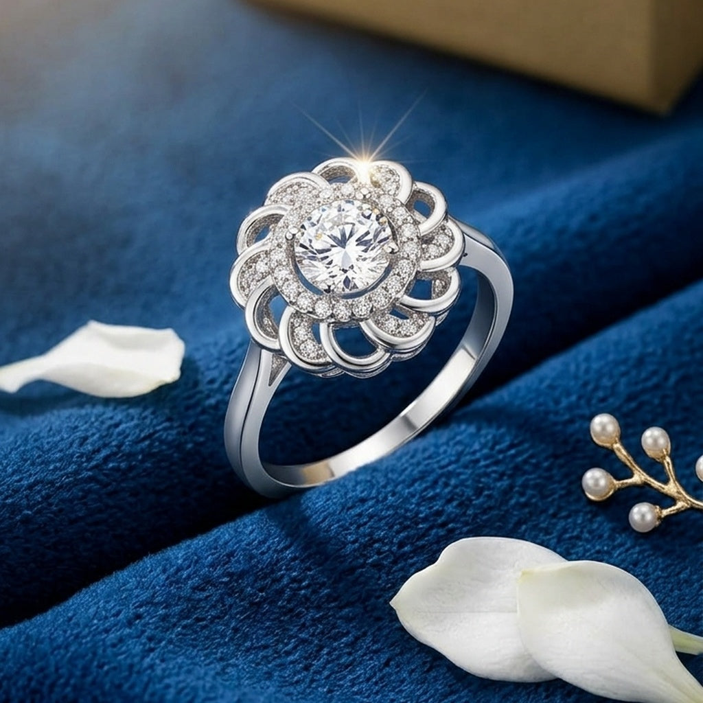 Silver Floral Halo Diamond Ring (FSR212)
