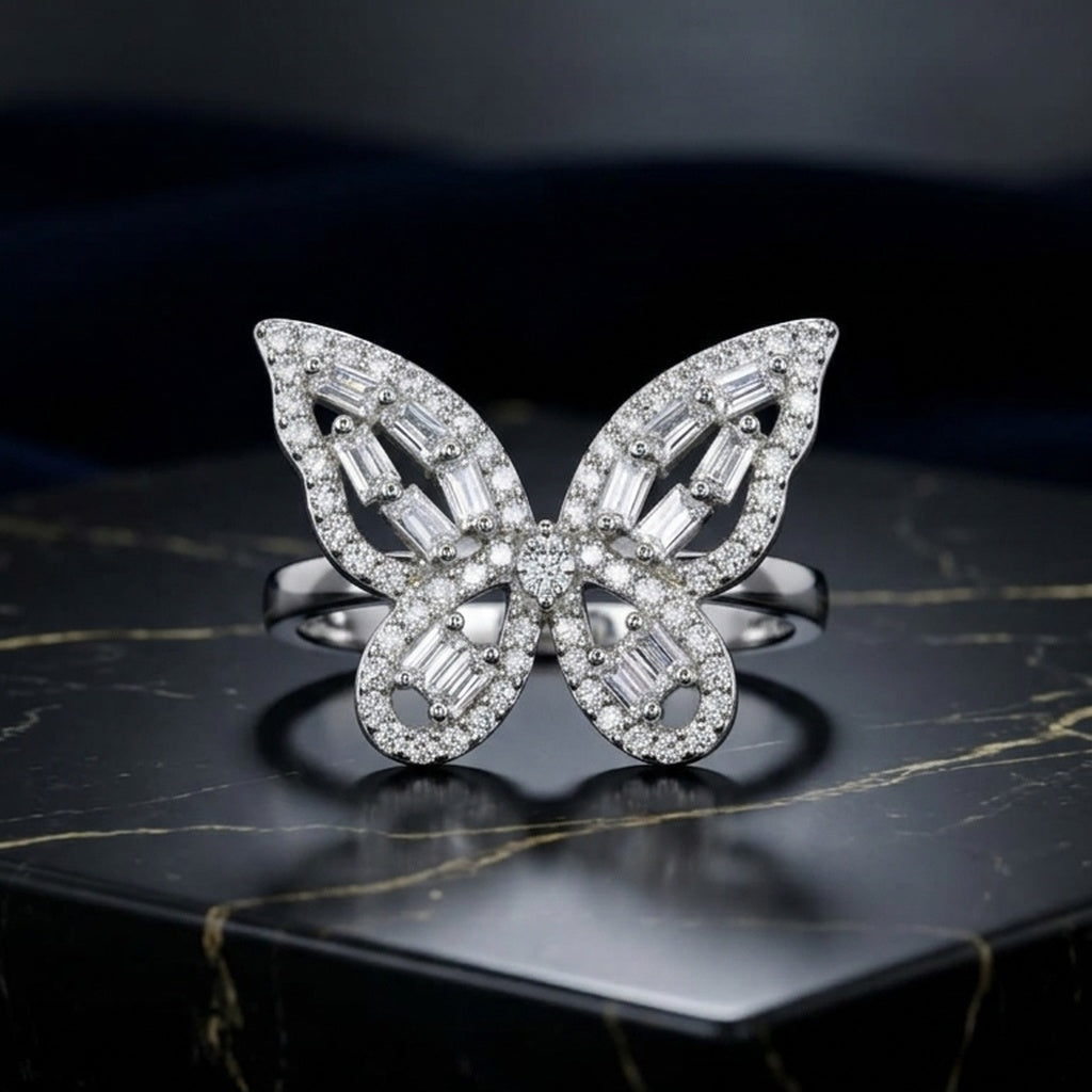 Silver Baguette Diamond Butterfly Ring (FSR213)