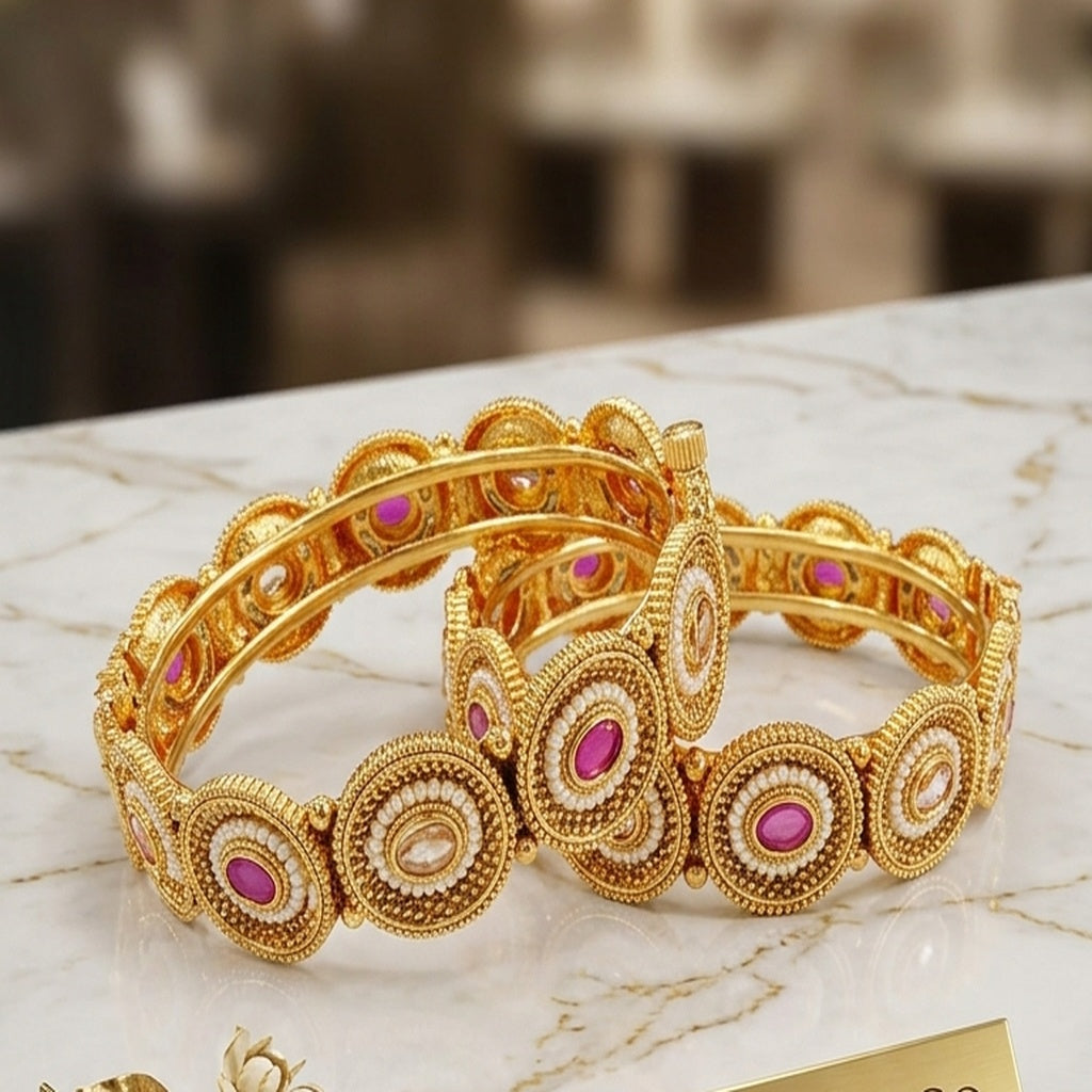 Gold Bangles Pair with Pink Stone & Pearl Design (FSKB214)