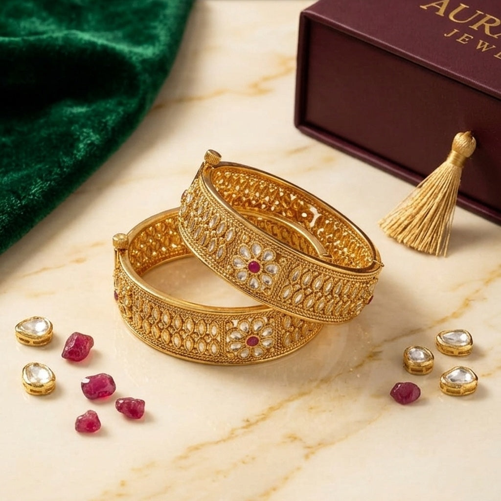Gold Kundan Floral Kada Bangles Pair (FSKB215)