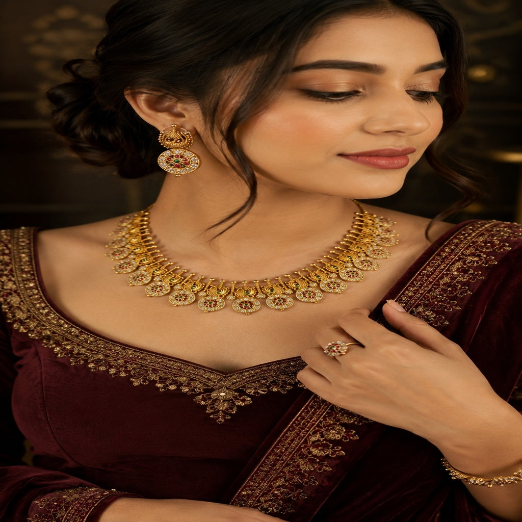 Gold Kundan Necklace Set with Round Medallion Design (FDN262)