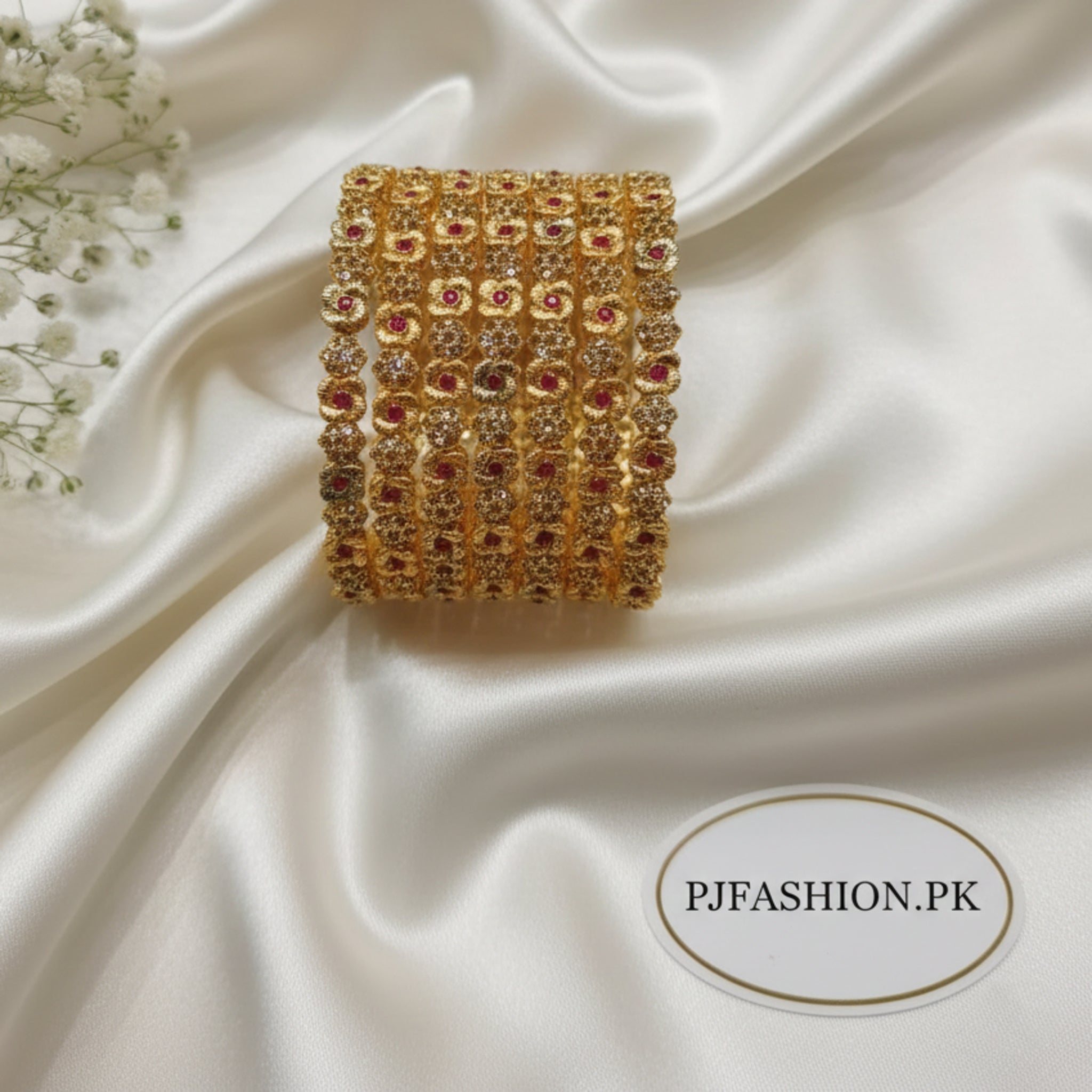 Ruby-Studded Gold Floral Bangles 6 PCs (FSB117)