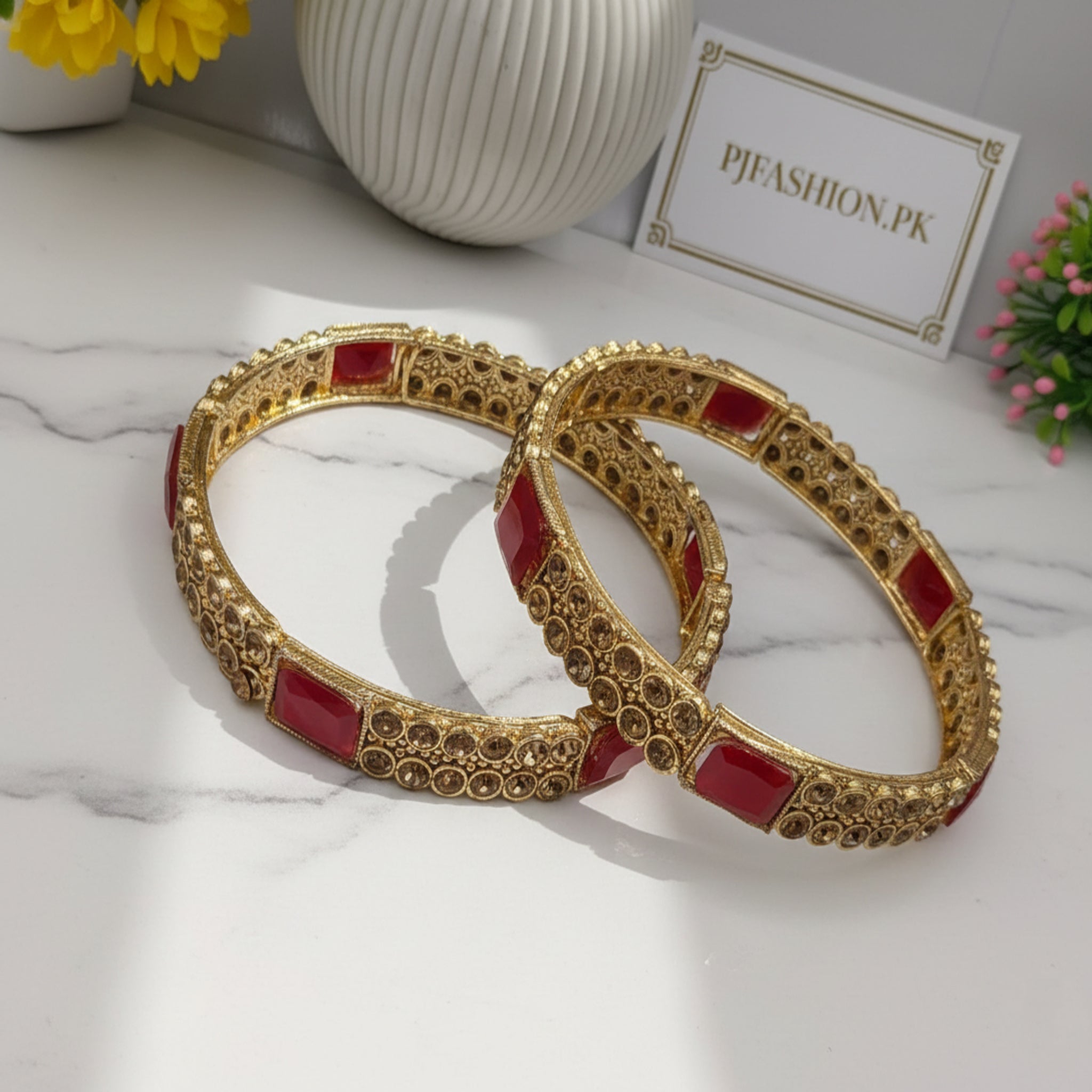 Luxury Kara Bangles with Deep Red Stones (FSKB172)