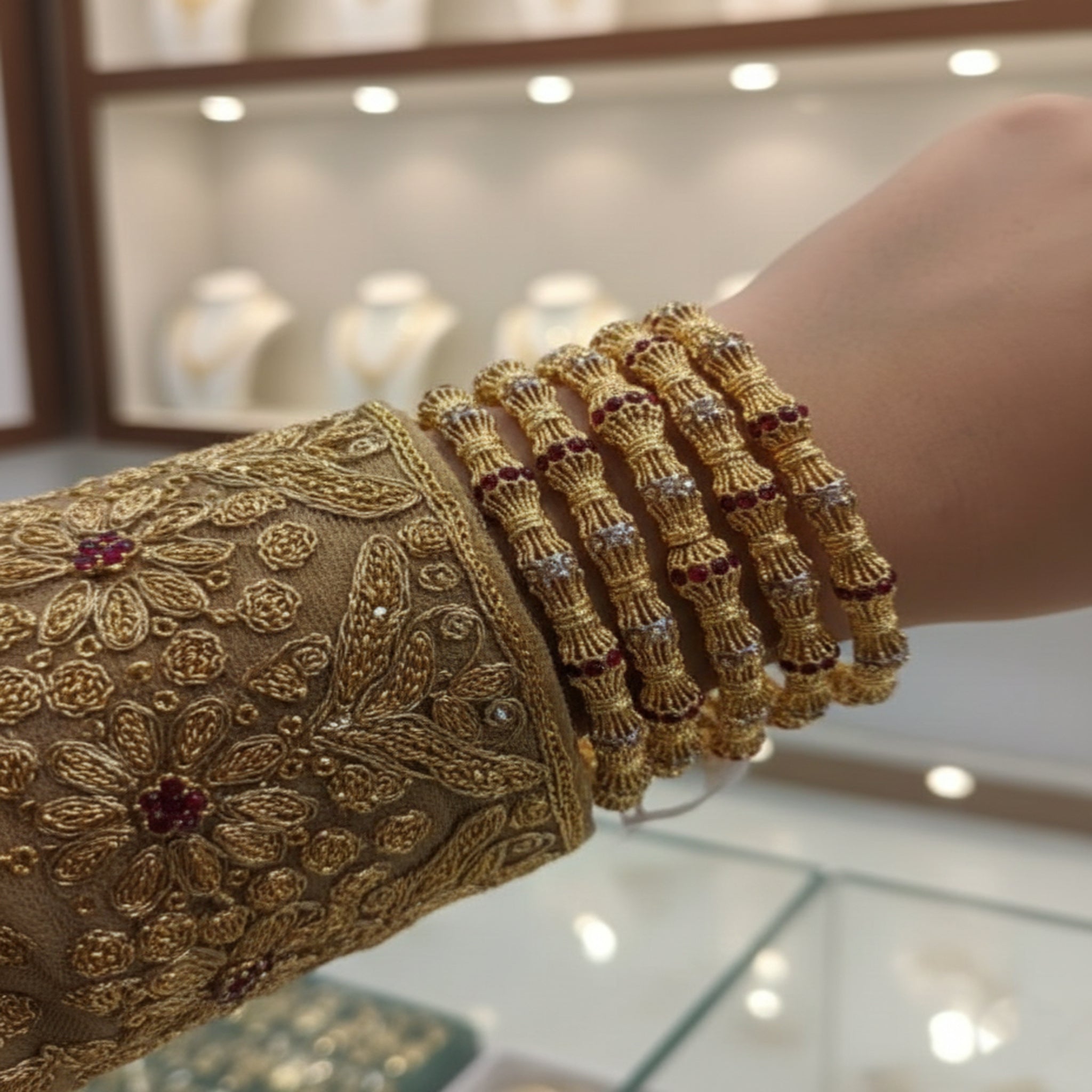 Gold-Plated Bangles with Ruby Red Accents 6 Pcs (FSB116)