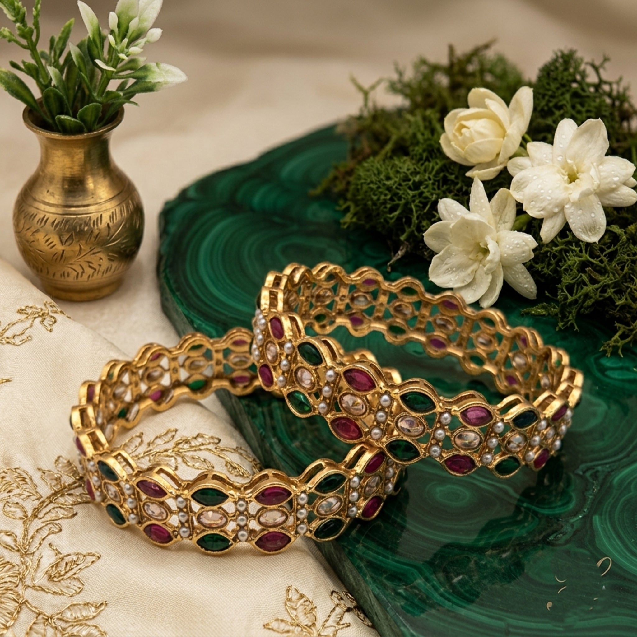 Traditional Ruby Red , Green  & White Stone Gold Plated Kade Pair (FSKB187)