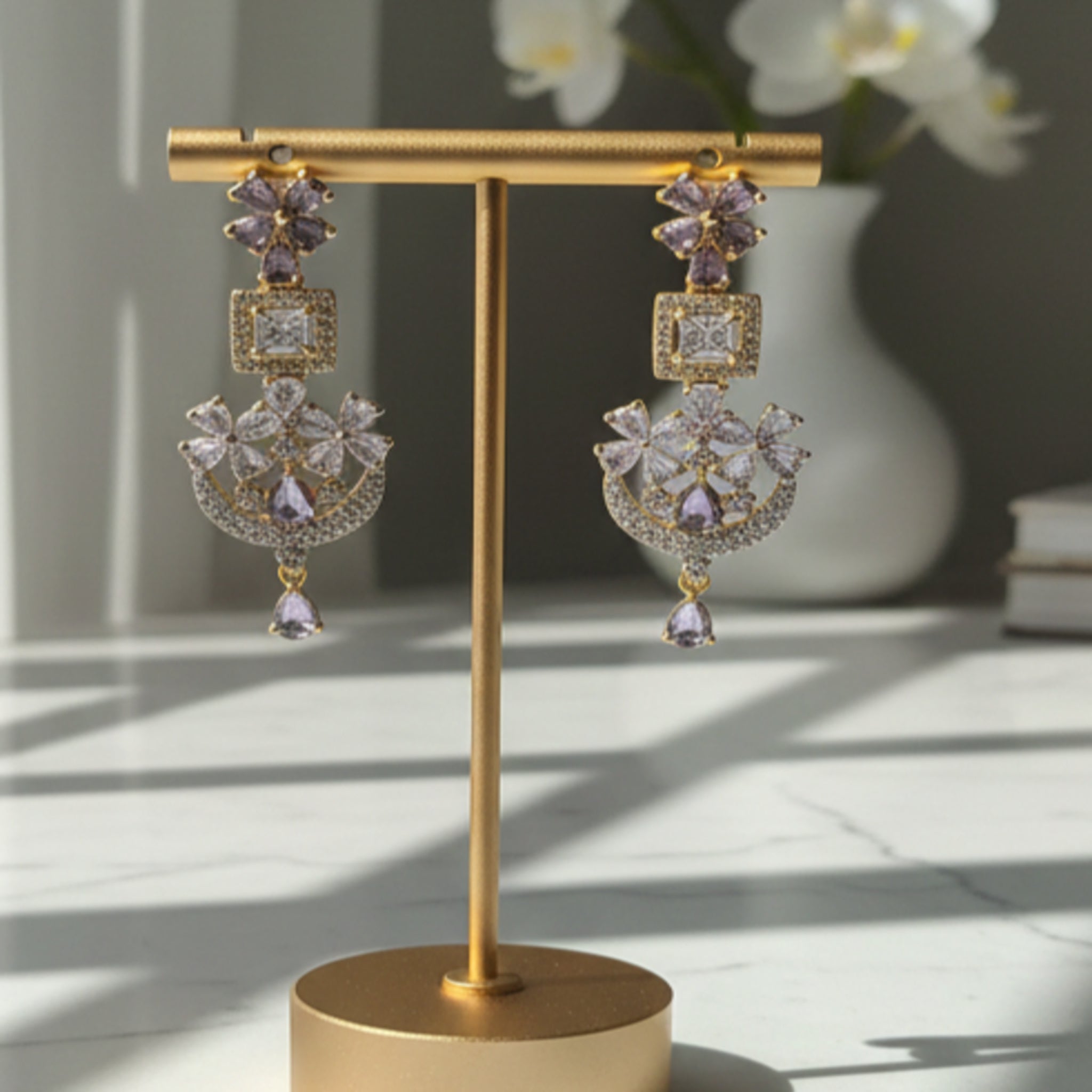 Luxurious Rose Pink & White Zirconia Ear Rings (FSE224)