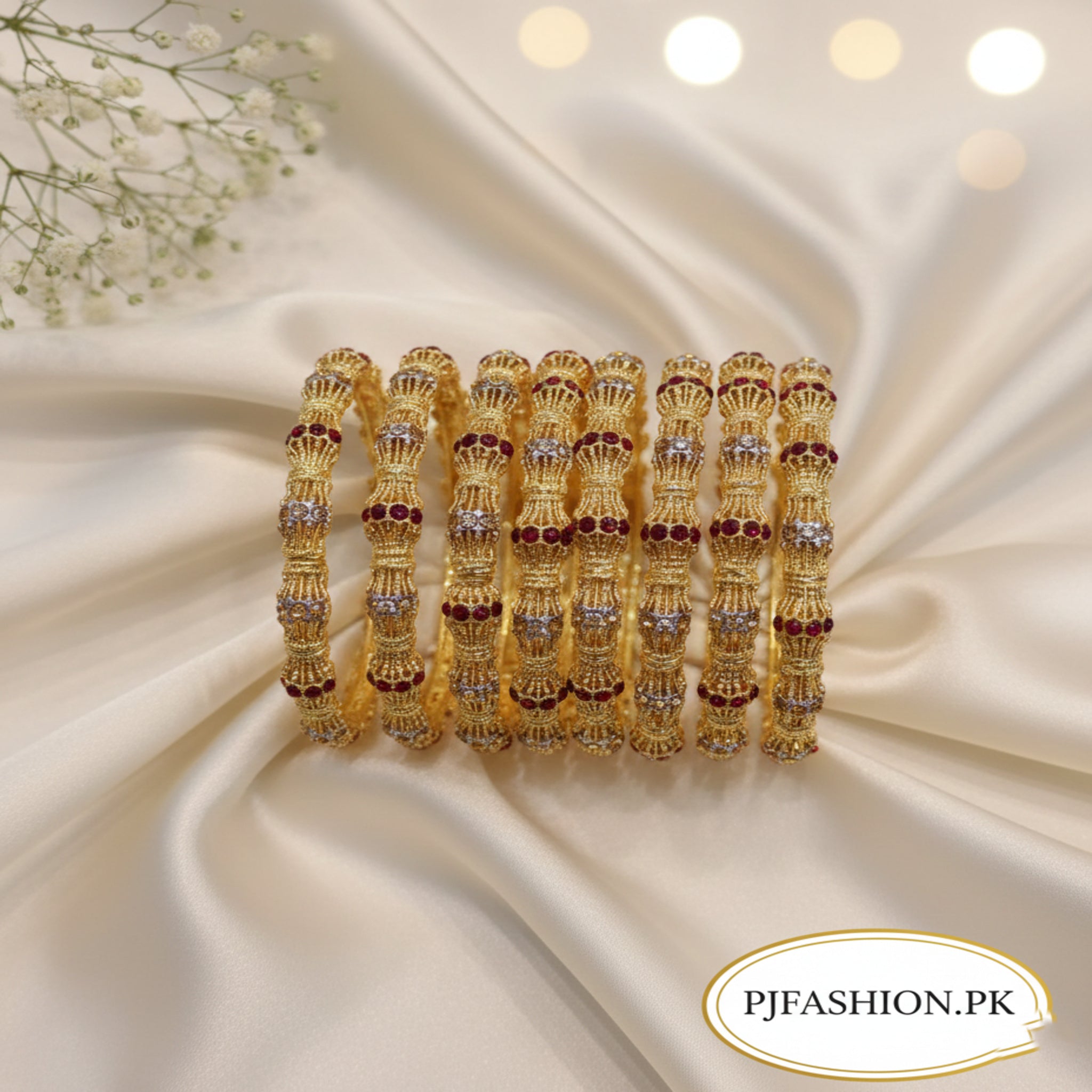 Gold-Plated Bangles with Ruby Red Accents 6 Pcs (FSB116)