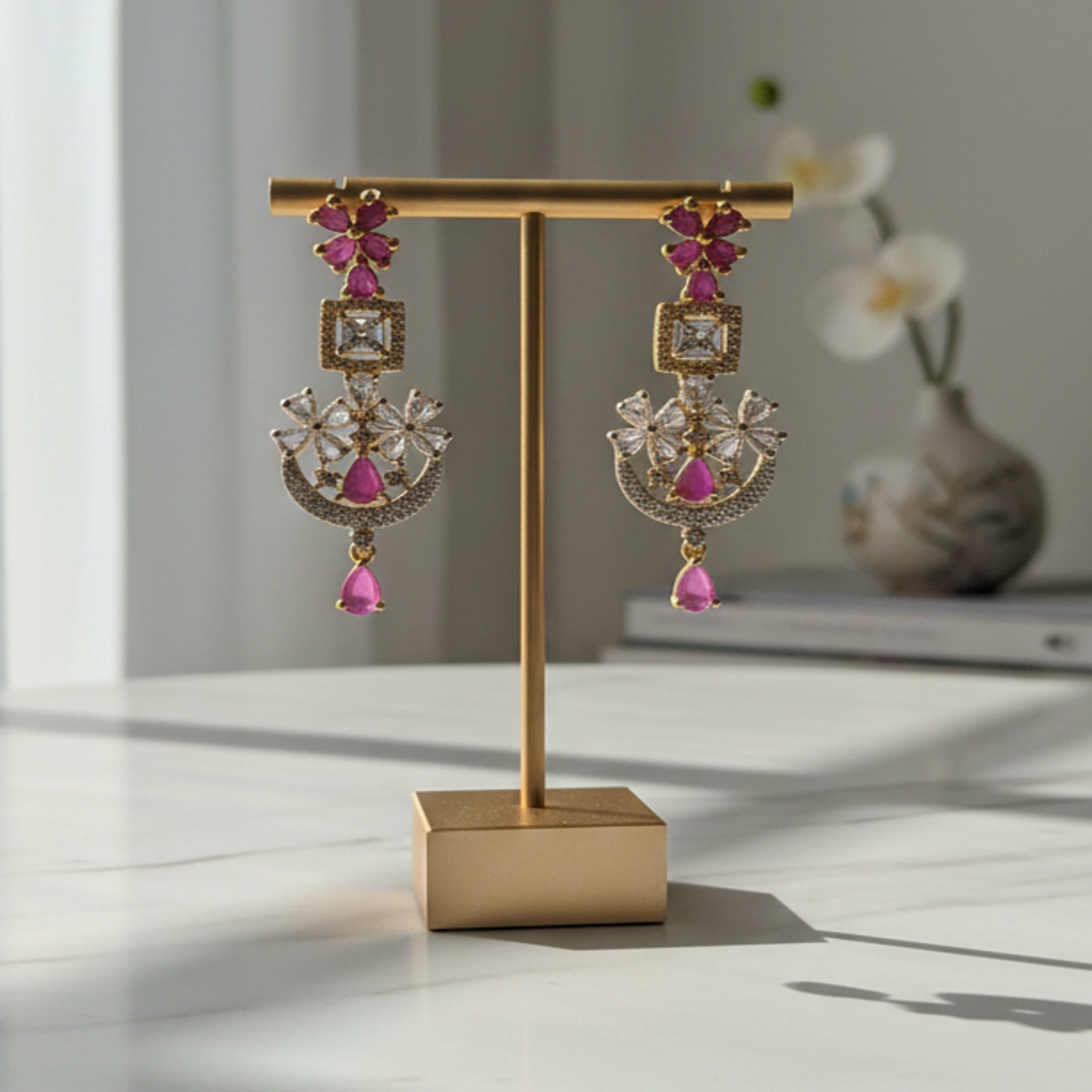 Luxurious Rose Pink & White Zirconia Ear Rings (FSE224)