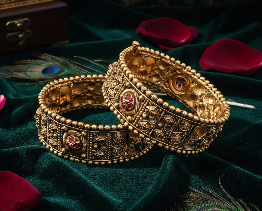 Royal Mughal-Inspired Antique Gold Kada Pair (FSKB179)
