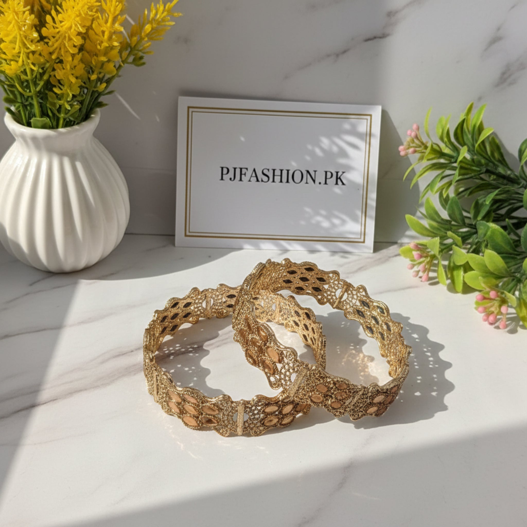 Gold-Plated Kara Bangles with Honeycomb Detailing (FSKB177)
