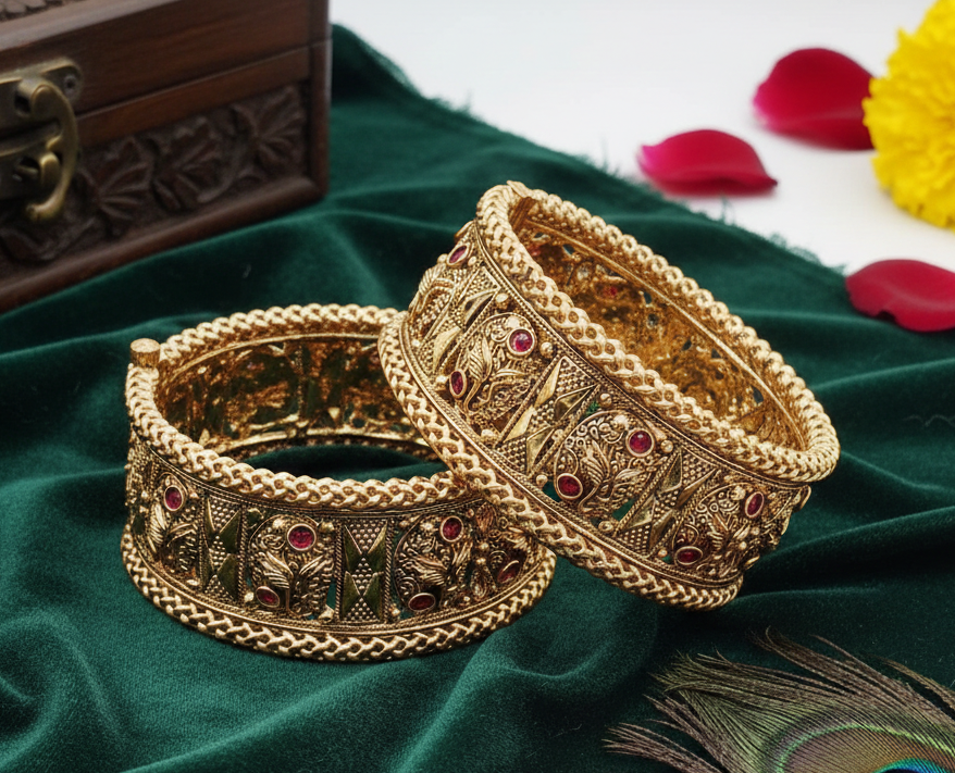 Heritage Peacock-Engraved Antique Gold Kada (FSKB181)