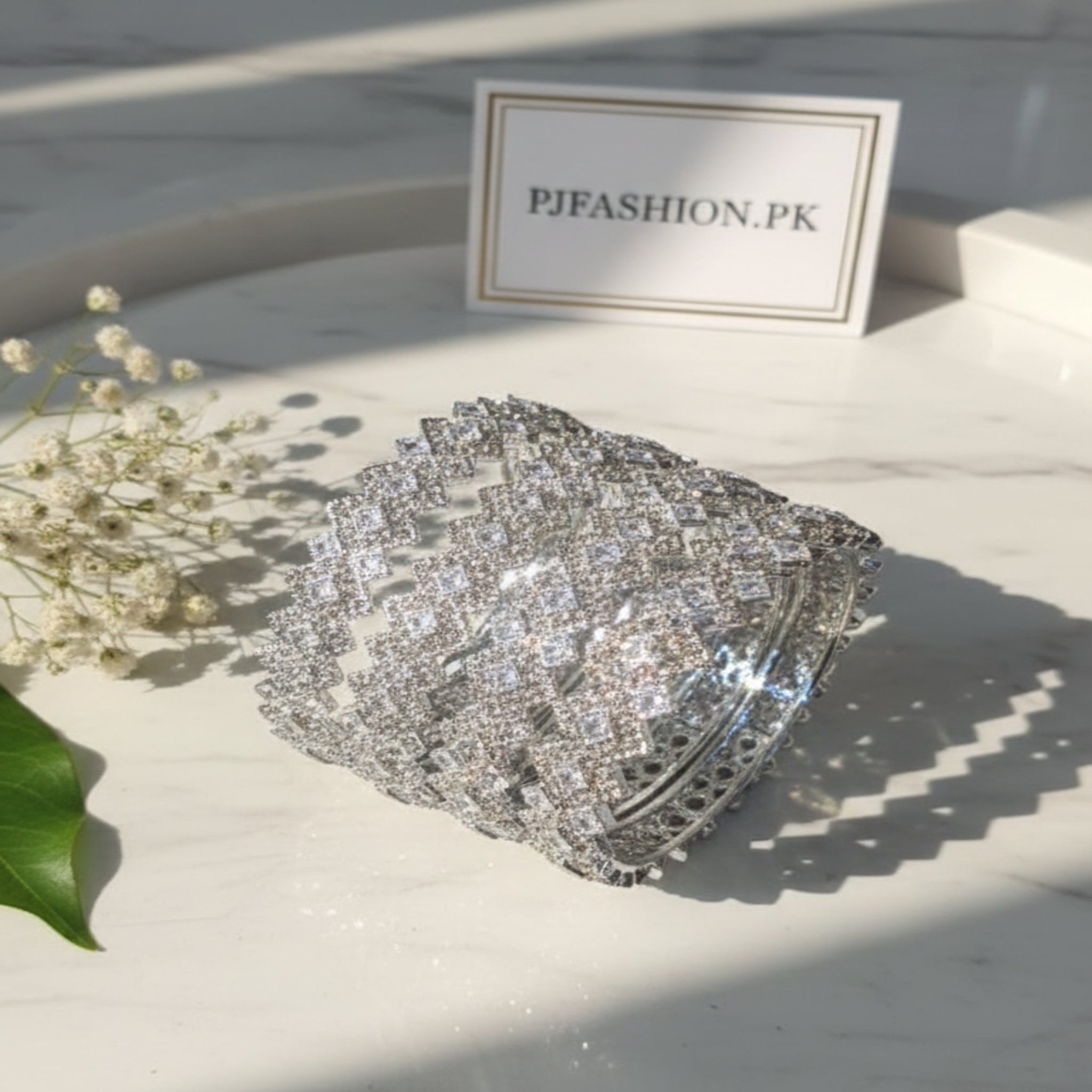 Silver Diamond Rhodium Bangle with Diamond -Cut (FSB114)