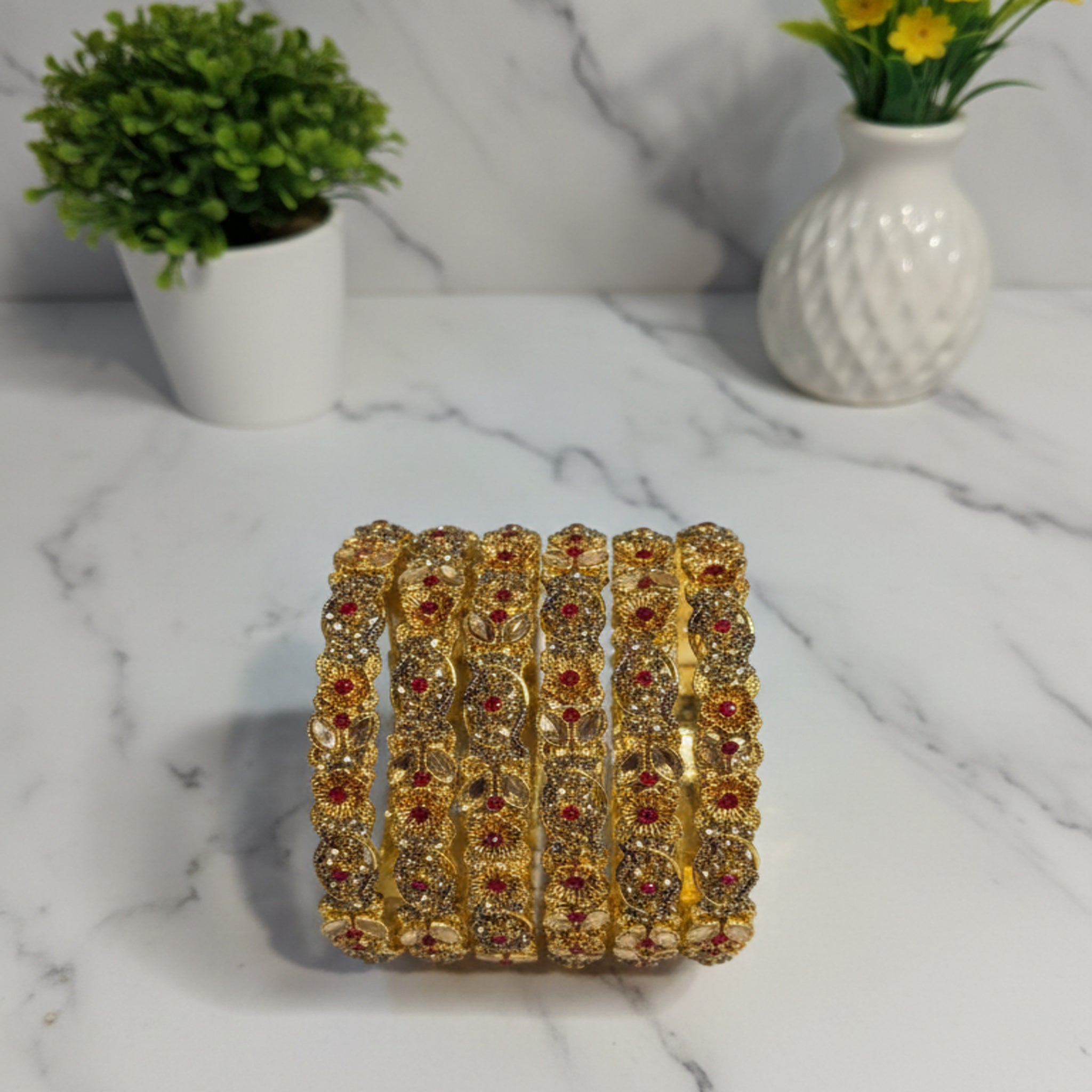 Antique Gold-Plated Ruby Floral Bangle Set (FDB121)