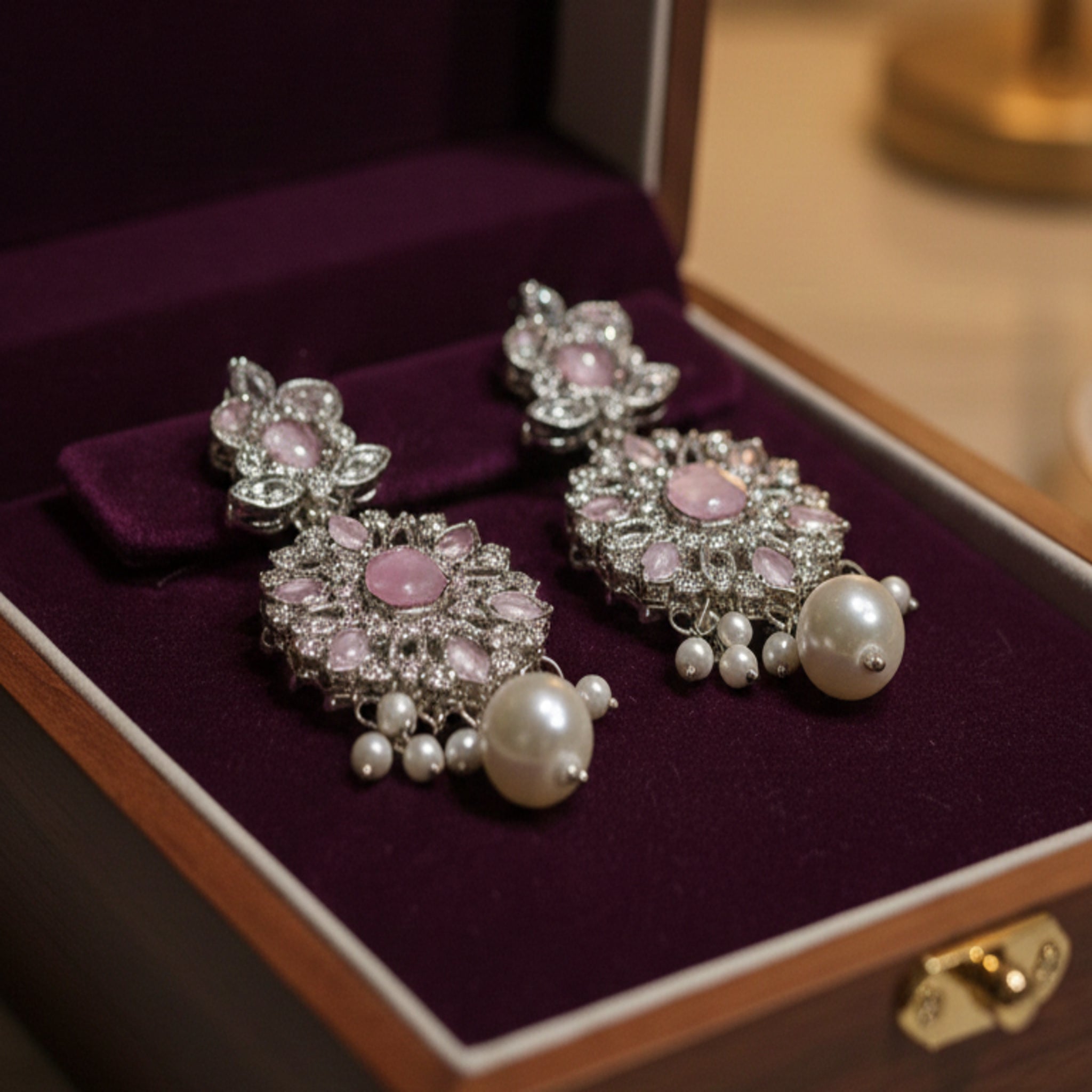 Noor-e-Falak Zircon Studded Floral Drop Earrings (FSE233)