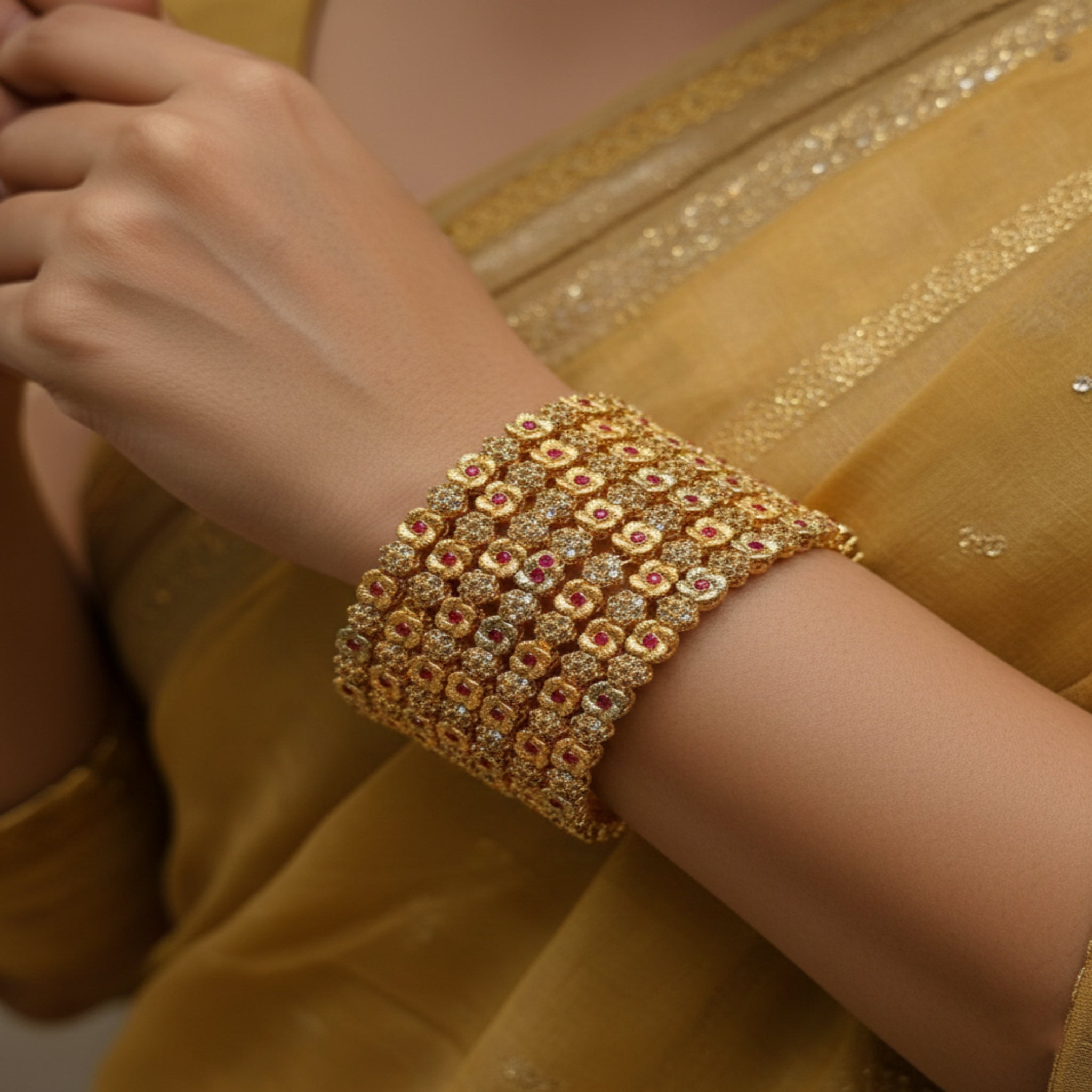 Ruby-Studded Gold Floral Bangles 6 PCs (FSB117)