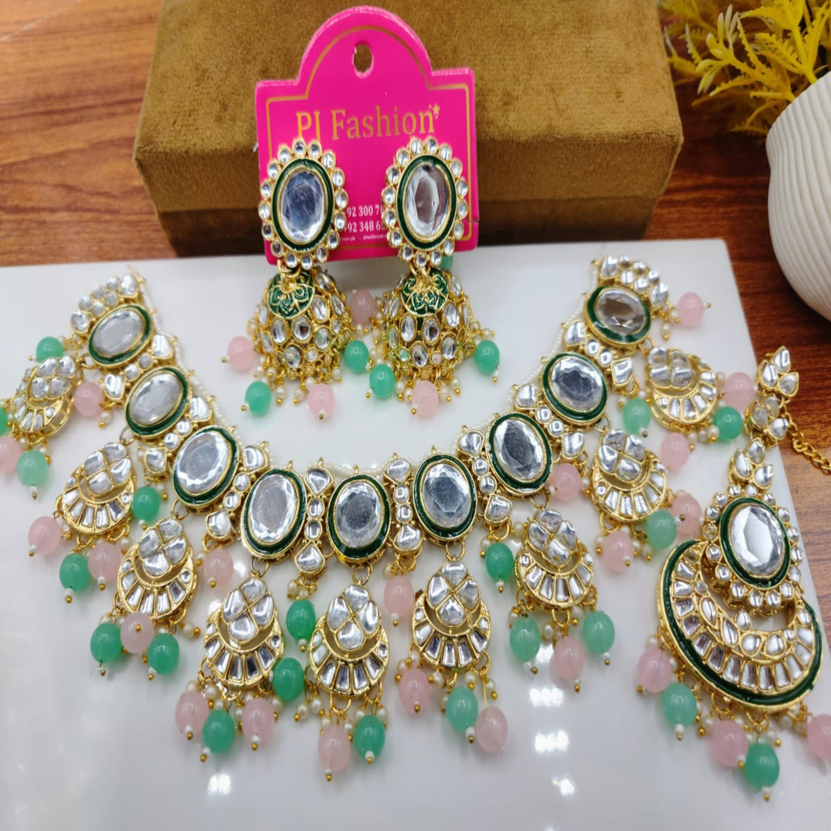Mint Pink Kundan Necklace Set (FDBN88)