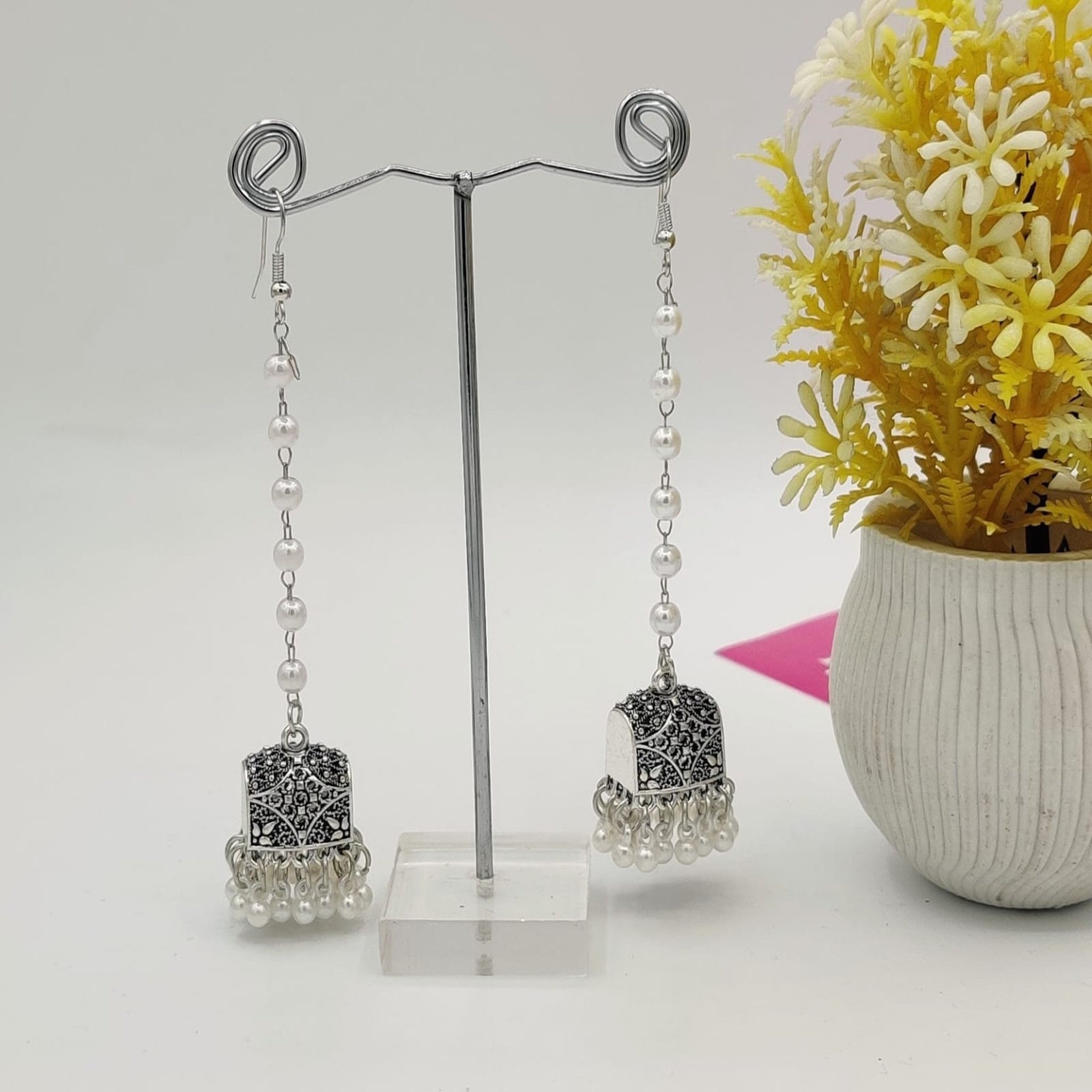 Hanging Pearl Silver Recto Jhumki (FSE82)