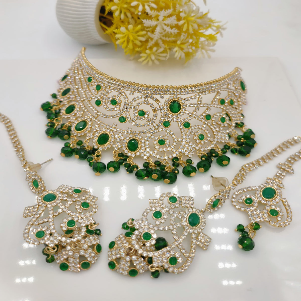 Green Golden Bridal Necklace Set (FDBN31)