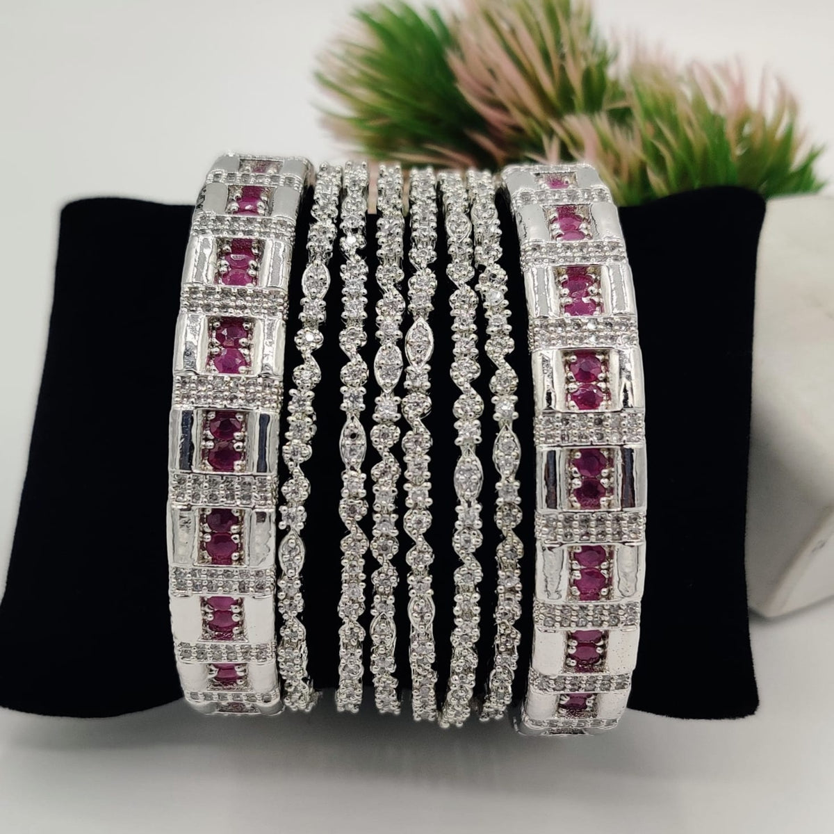 8 Pc Ruby Silver Kara Bangles