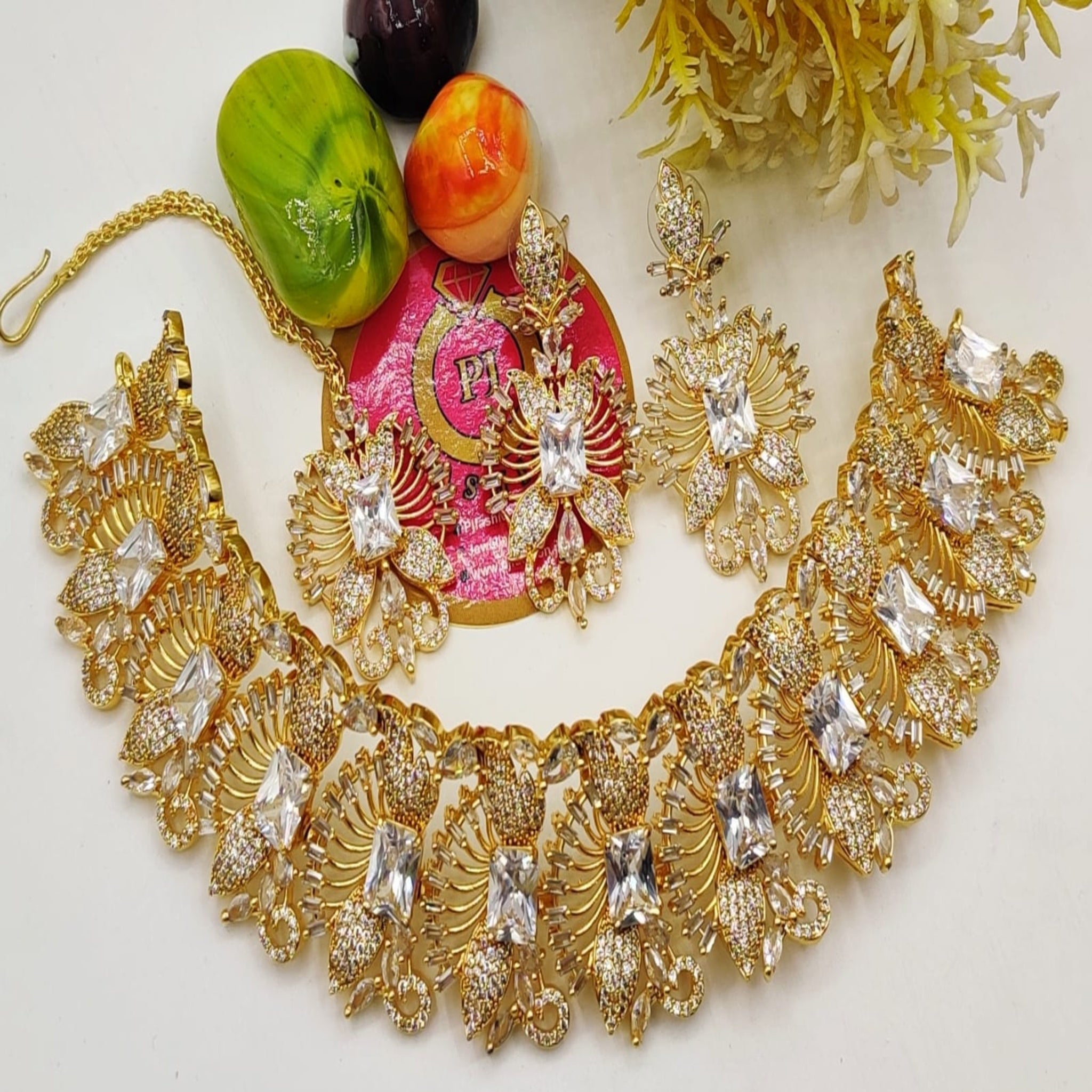 Golden White Stone AD Necklace Set (FDAN11)