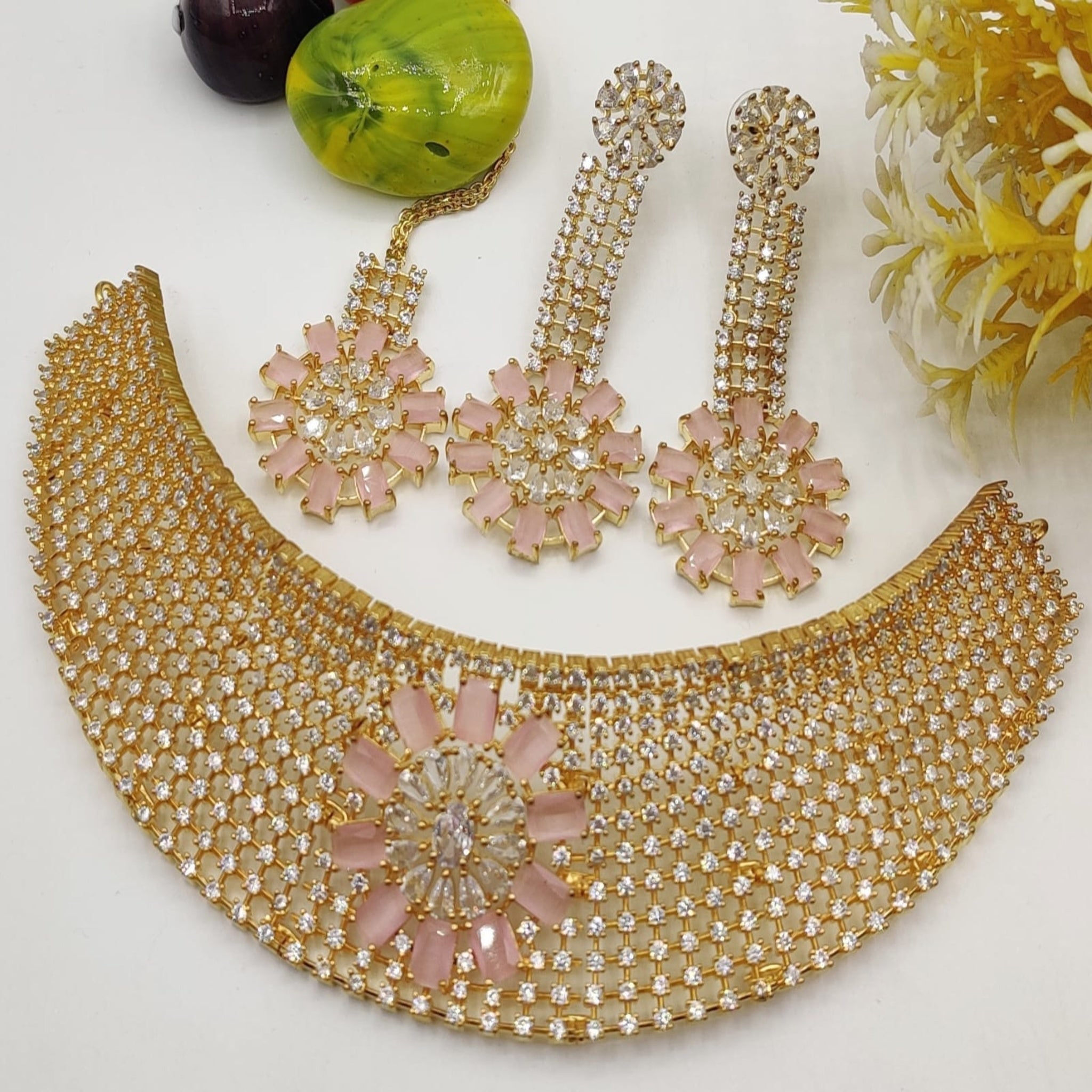 Golden AD Pink Stone Necklace (FDAN7)
