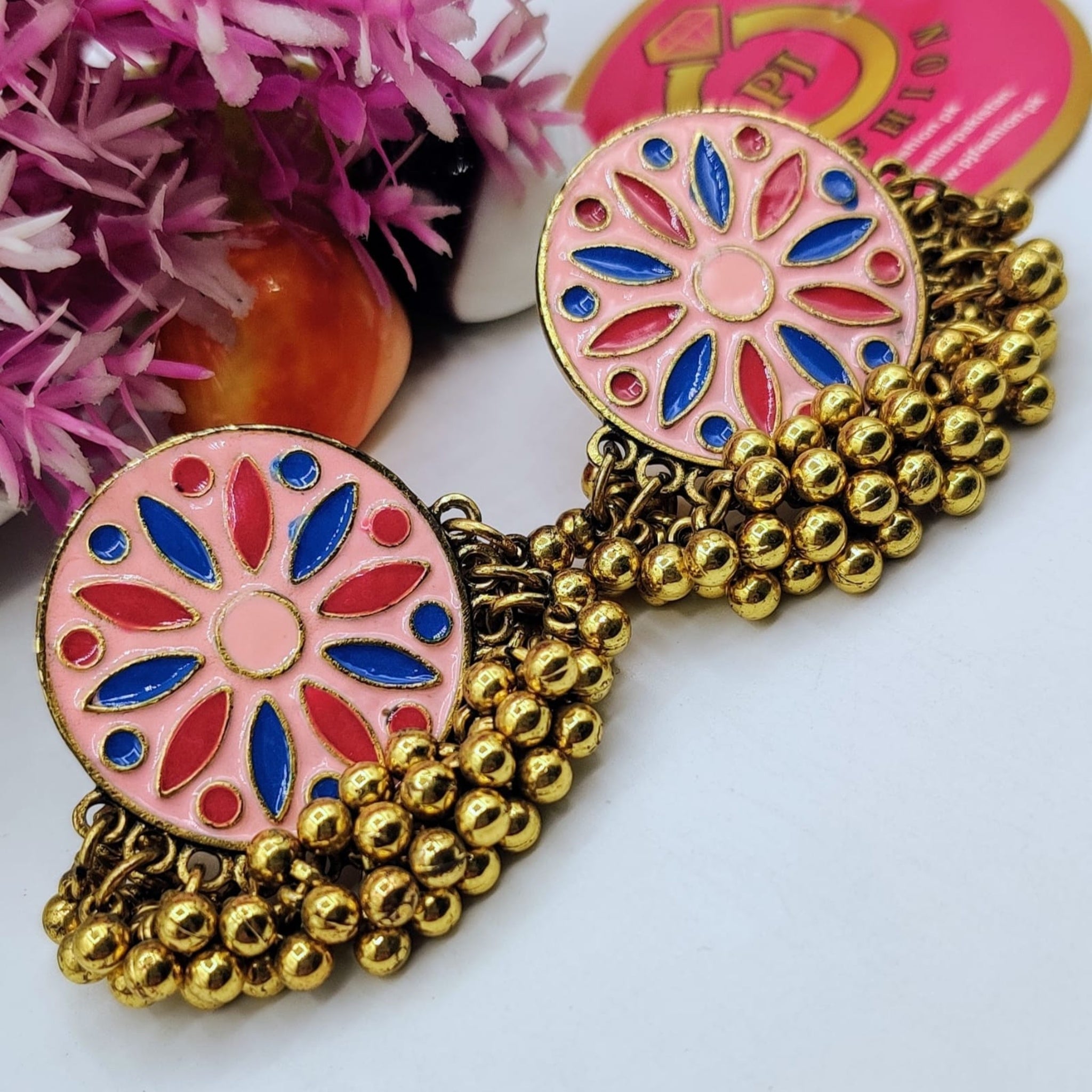 Oxidised Pink Blue Ear Rings(Es23)