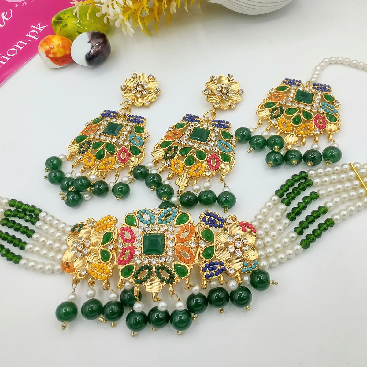 Green Multi Choker Necklace Set (FDN95)