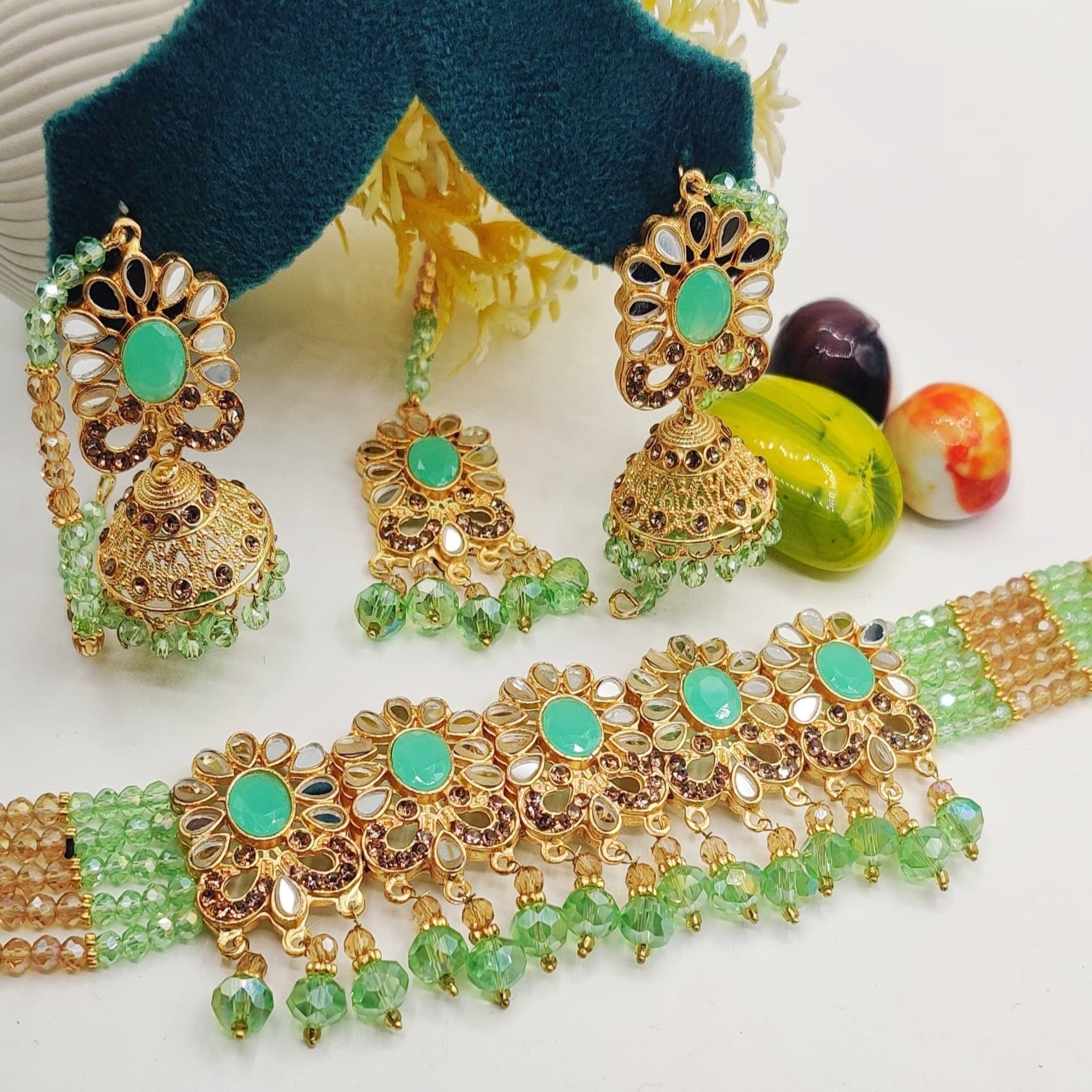 Mint & Golden Choker Necklace Set with Jhumkas (FDN98)