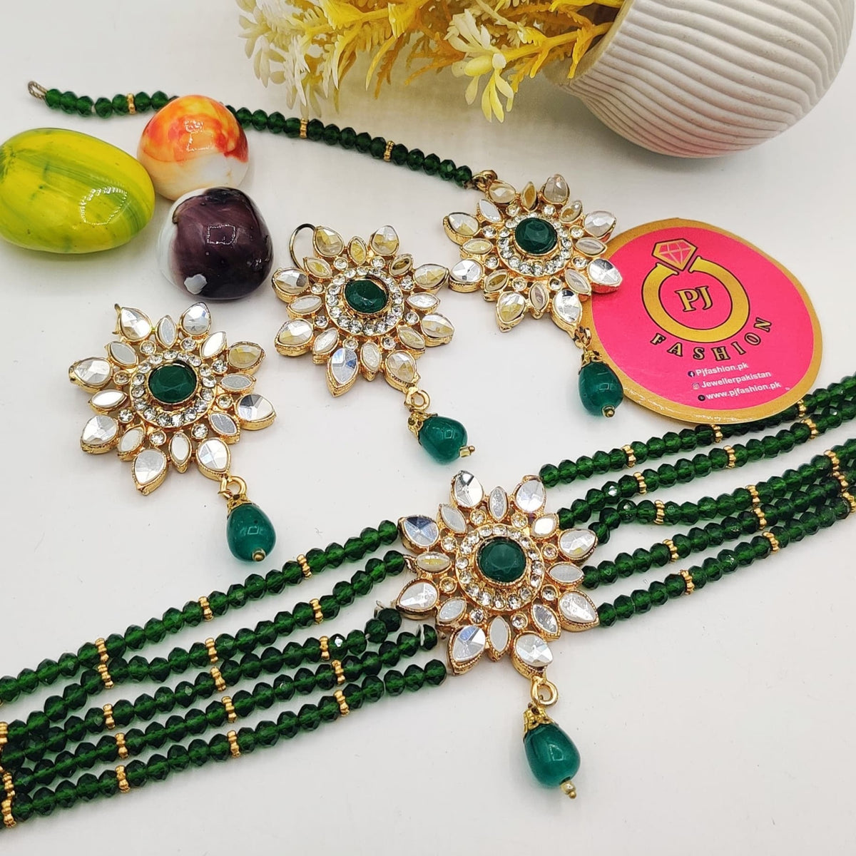 Dark Green Beaded Choker Set (FDN99)