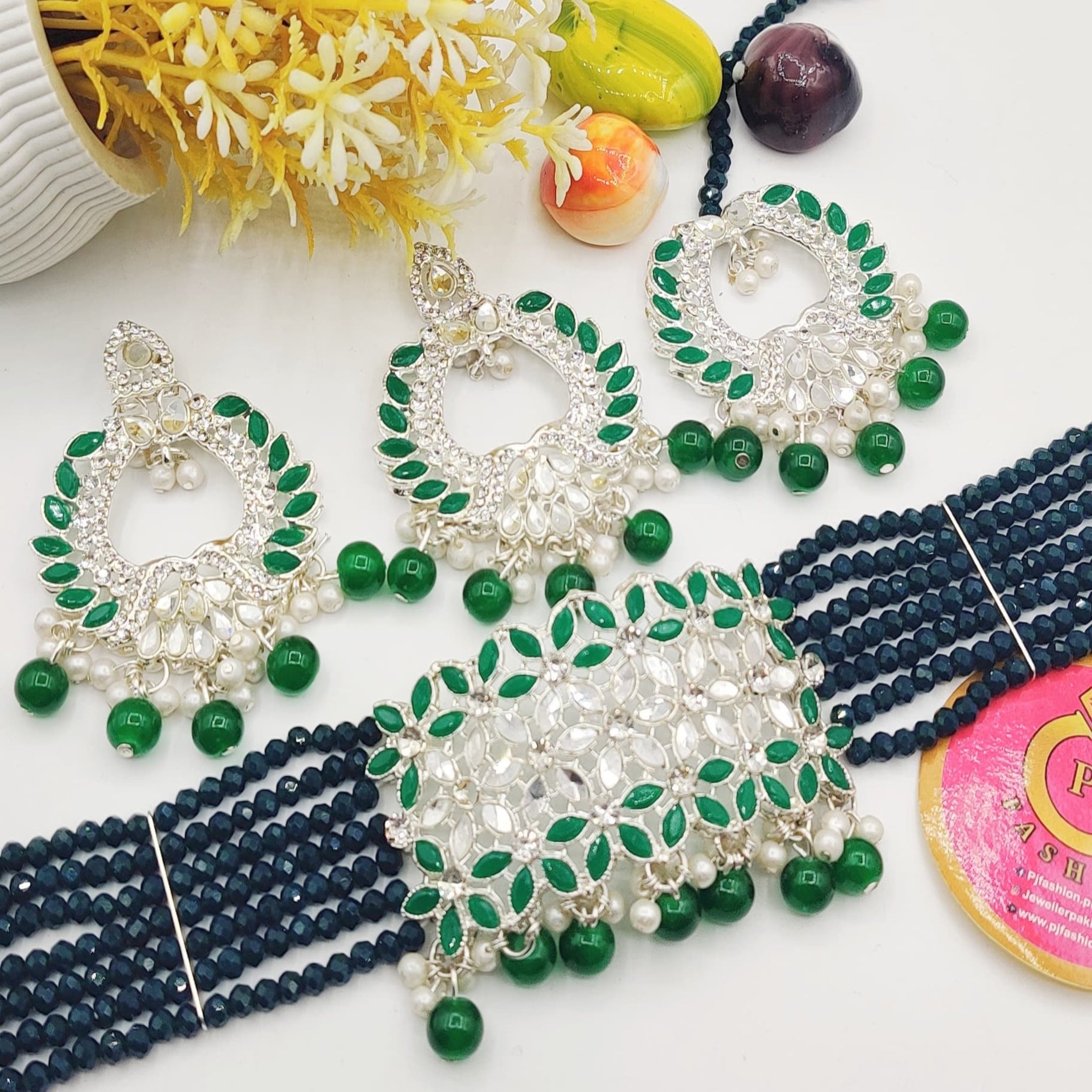 Silver Blue Beaded Choker Necklace Set (FDN101)