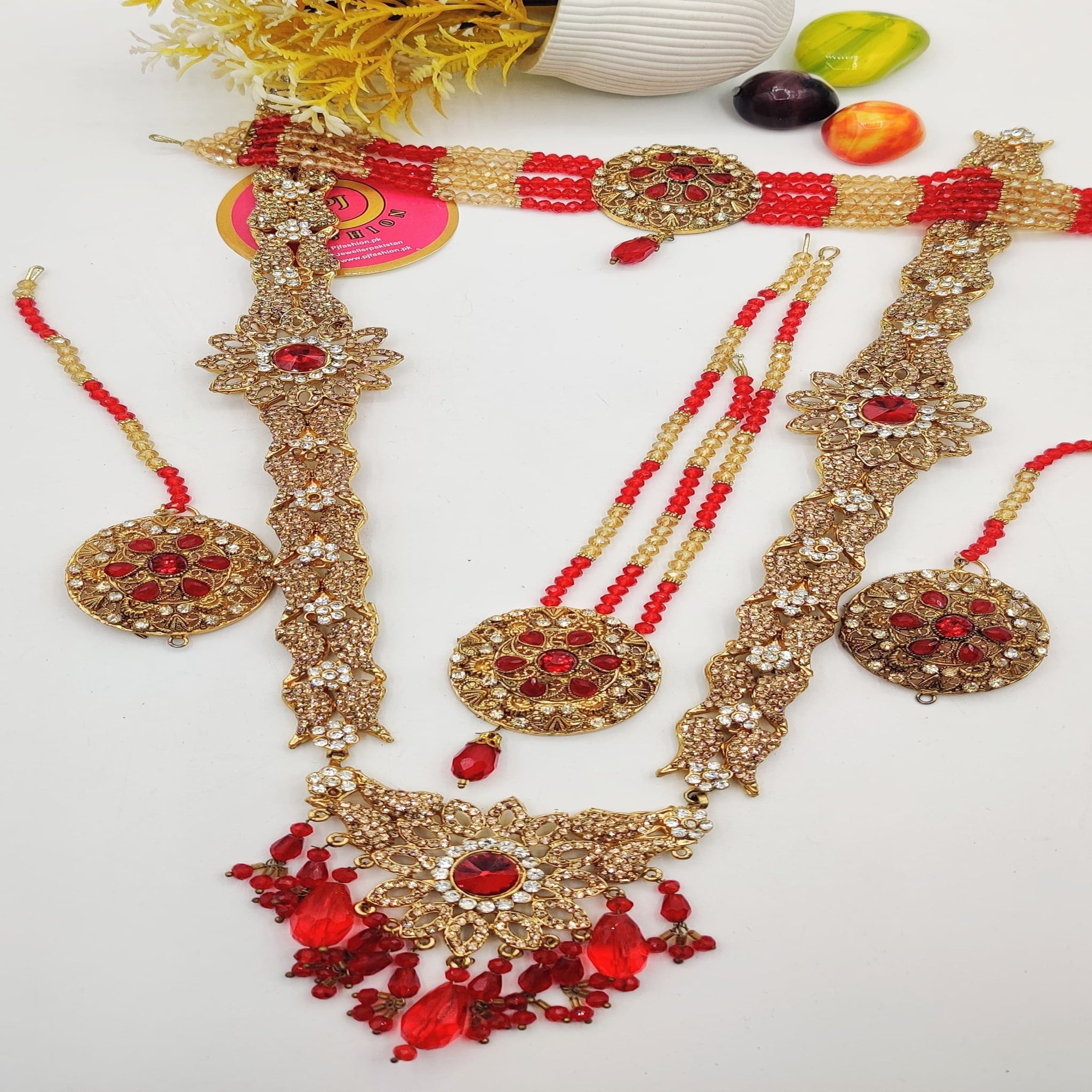 Golden Bridal Necklace Set with Red Stones & Maala (FDBN26)