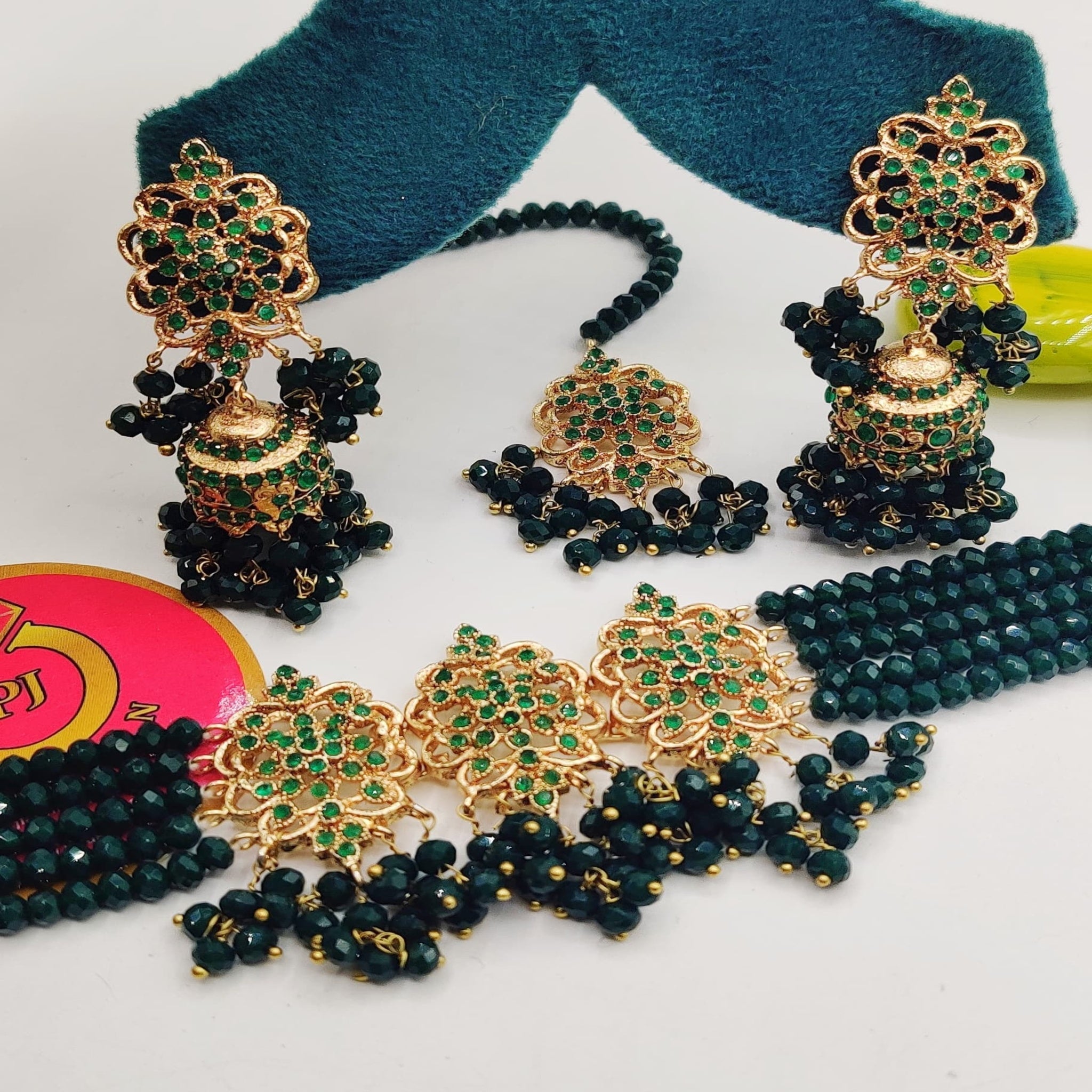Dark Green Beaded Choker Necklace Set (FDN102)