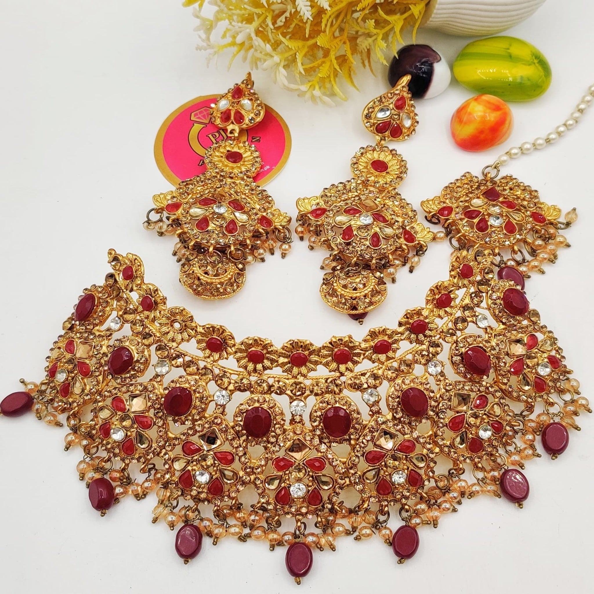 Elegant Red Stone Bridal Necklace Set (FDBN25)