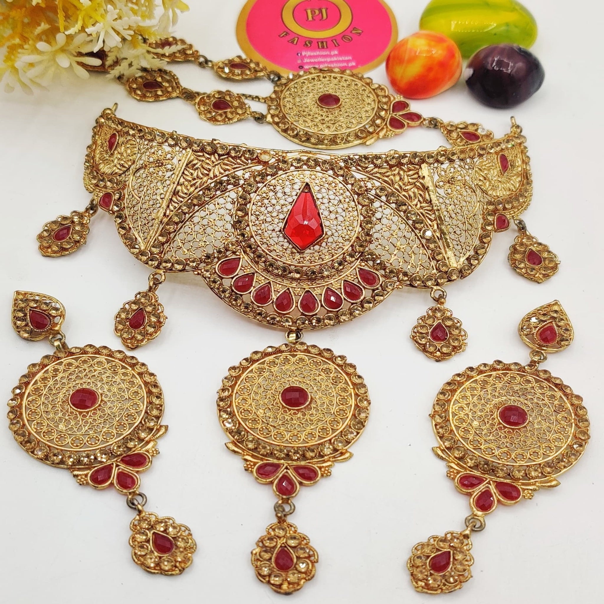 Deep Red Golden Stone Collar Necklace Set (FDBN24)