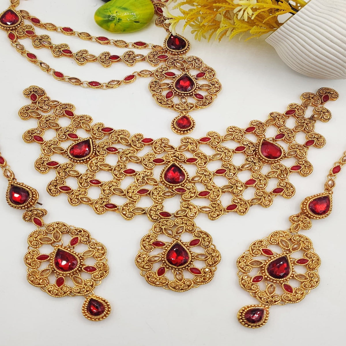 Stylish Bridal Necklace Set with Red Stones (FDBN23)