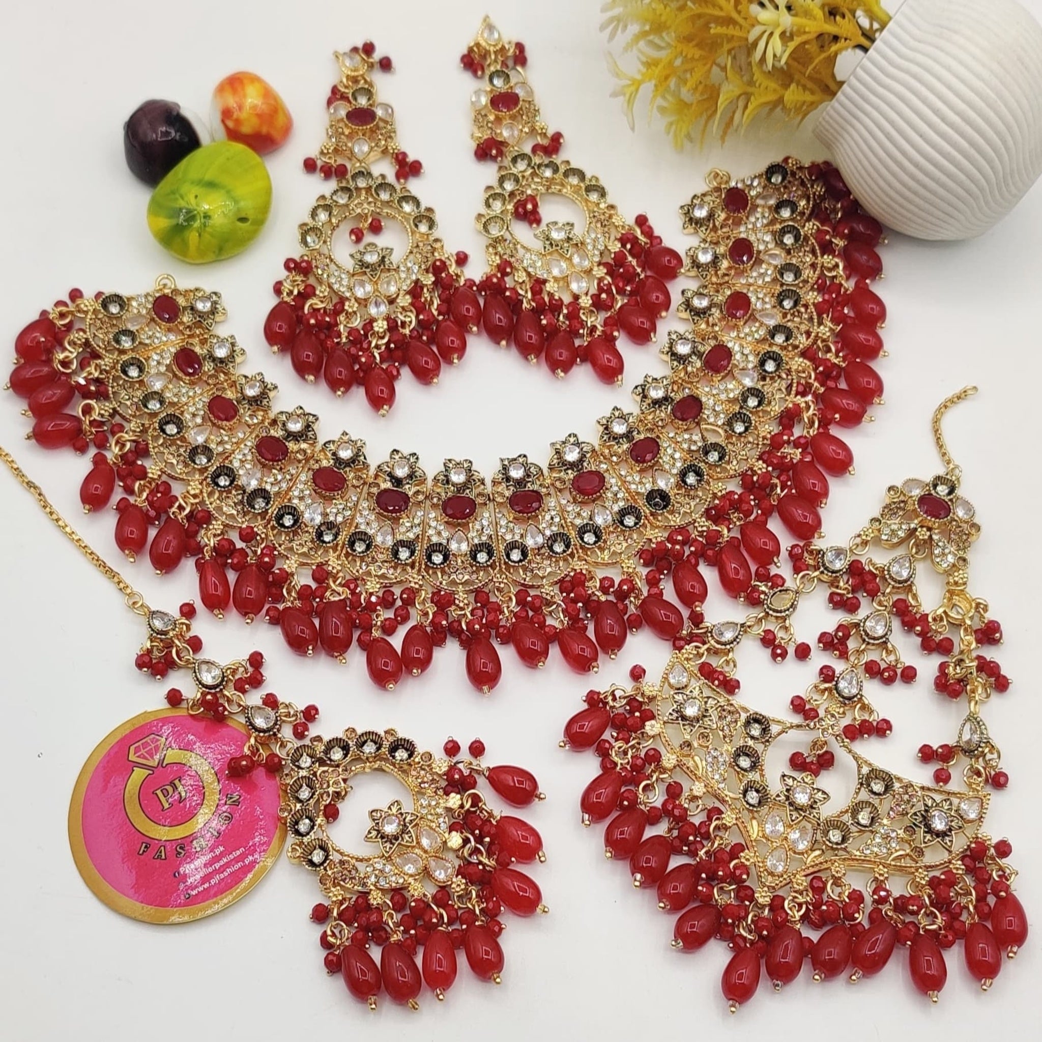 3D Kundan Bridal Necklace Set with Ruby Stones & Beads (FDBN21)