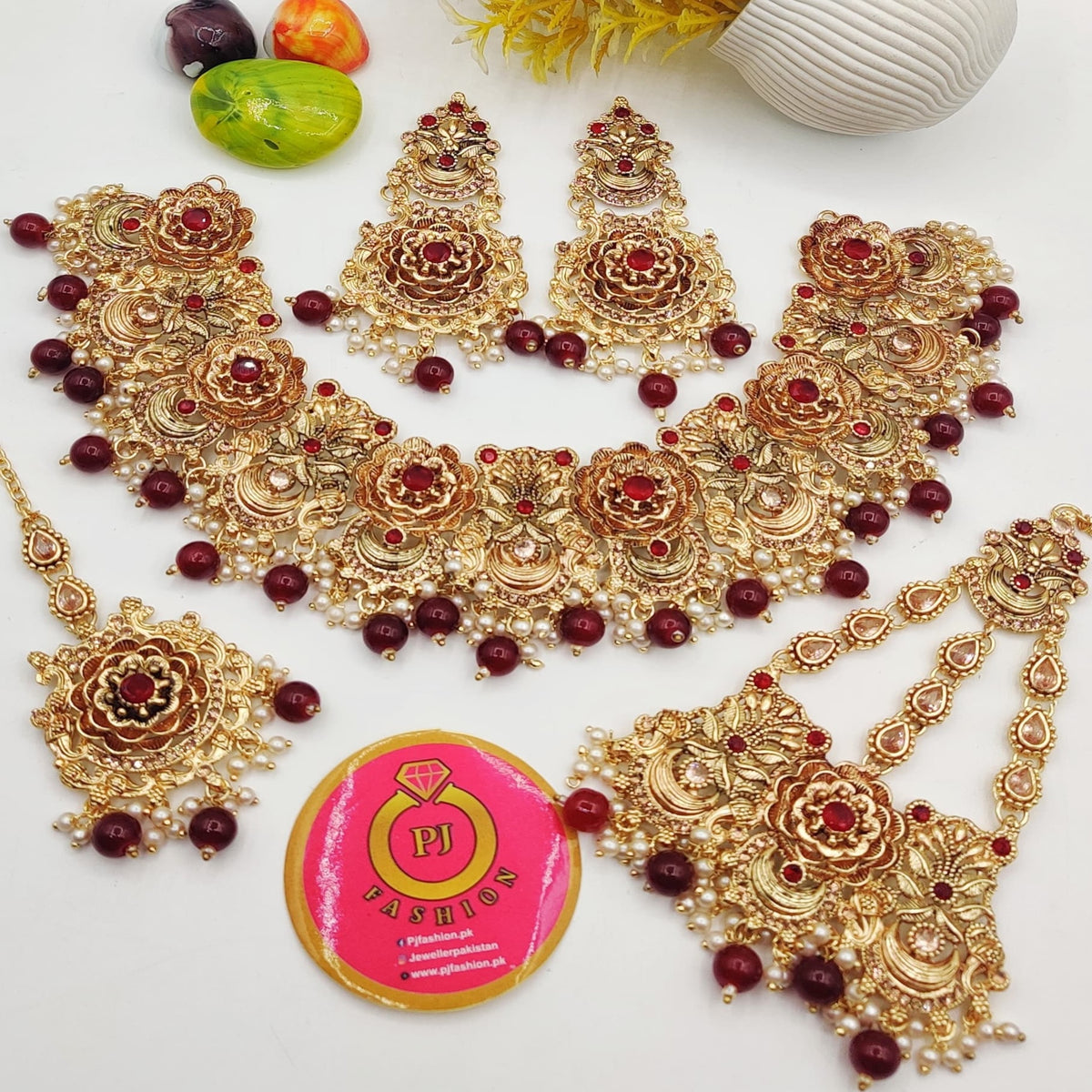 Maroon Stone & Beads Bridal Necklace Set with Golden Zircons (FDBN19)