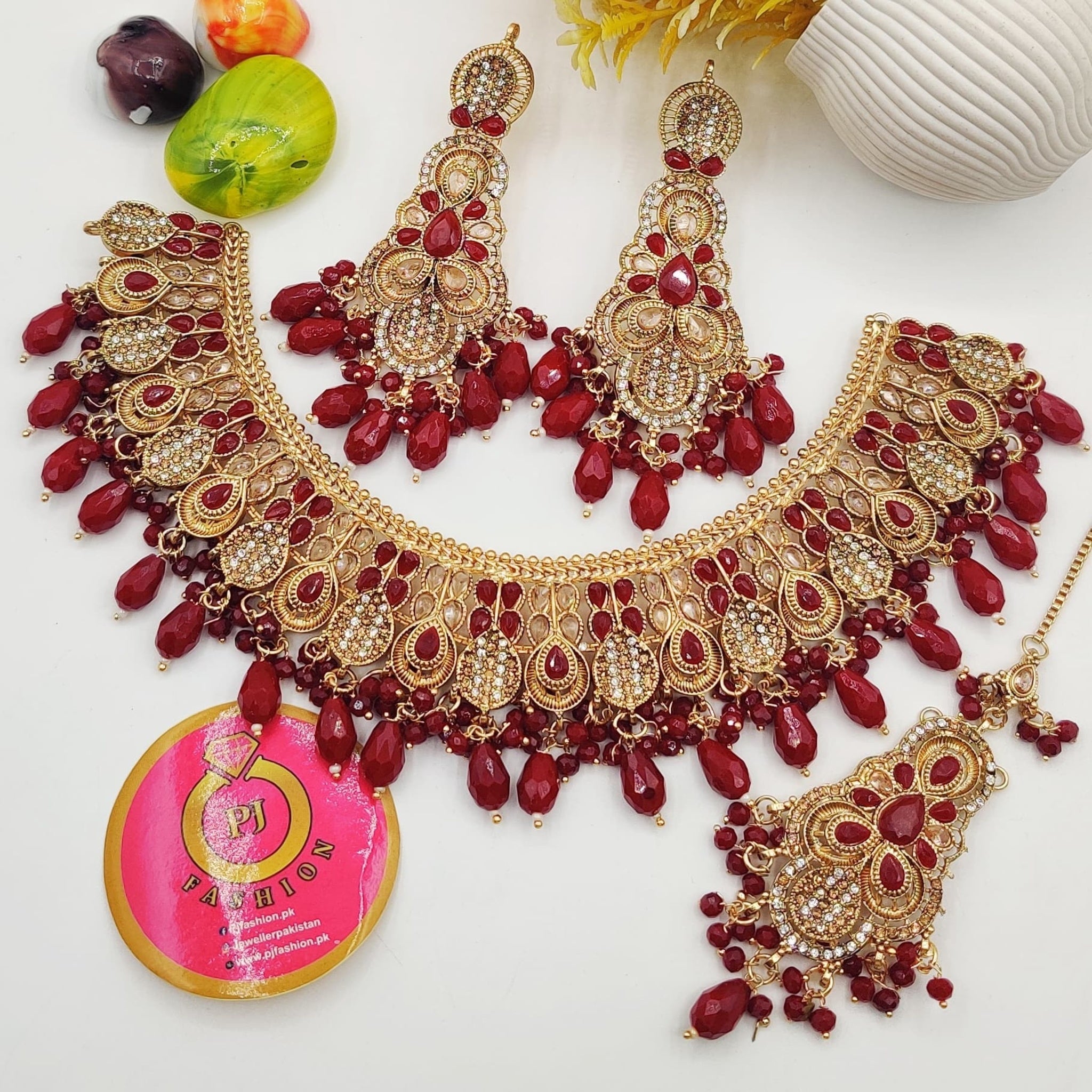 Maroon Beads Bridal Necklace Set with Golden & White Zircon (FDBN18)