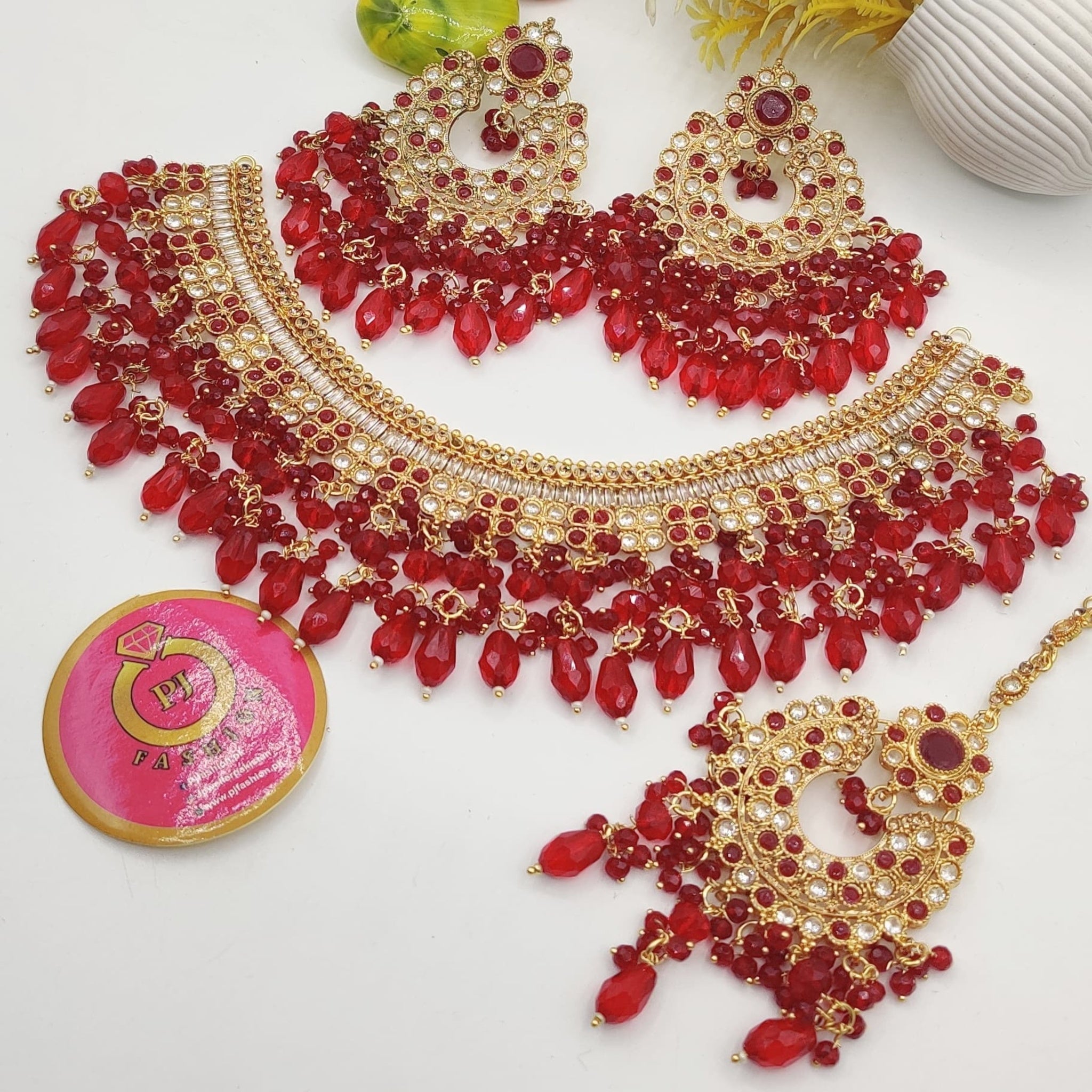 Red Beads Kundan Bridal Necklace Set with White Zircon (FDBN16)