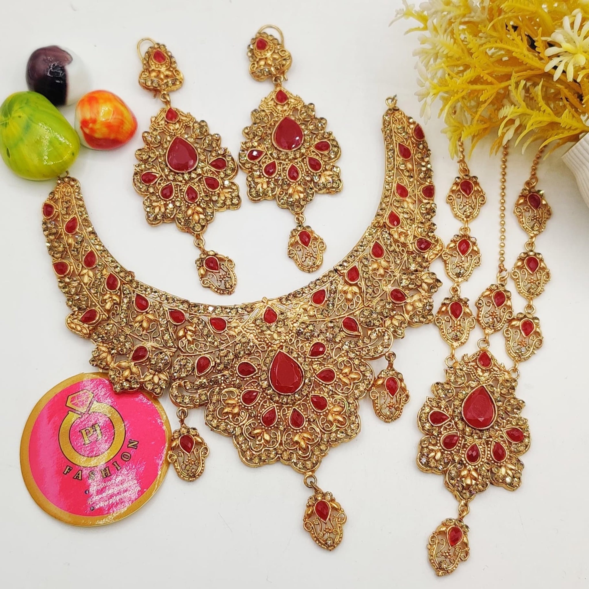 Red & Golden Antique Bridal Necklace Set (FDBN14)