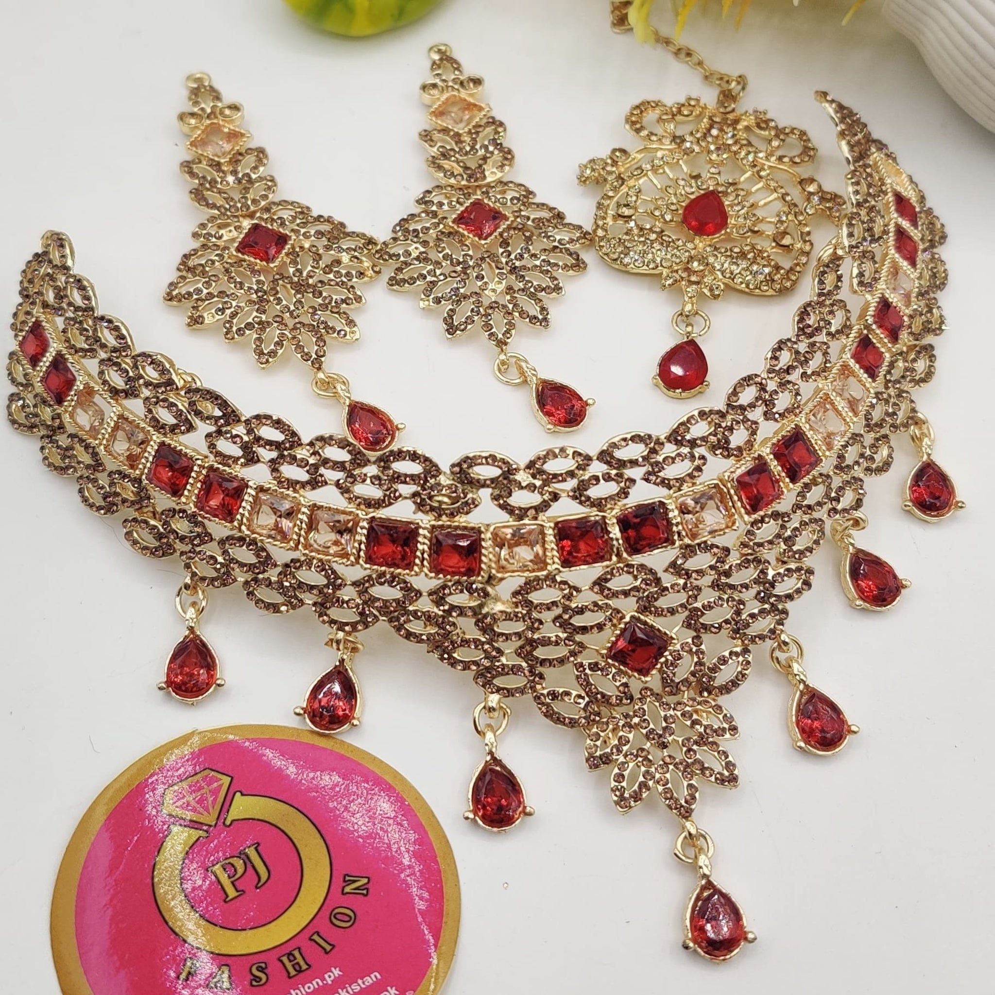 Golden Collar Bridal Set with White Zircons & Red Stones (FDBN13)