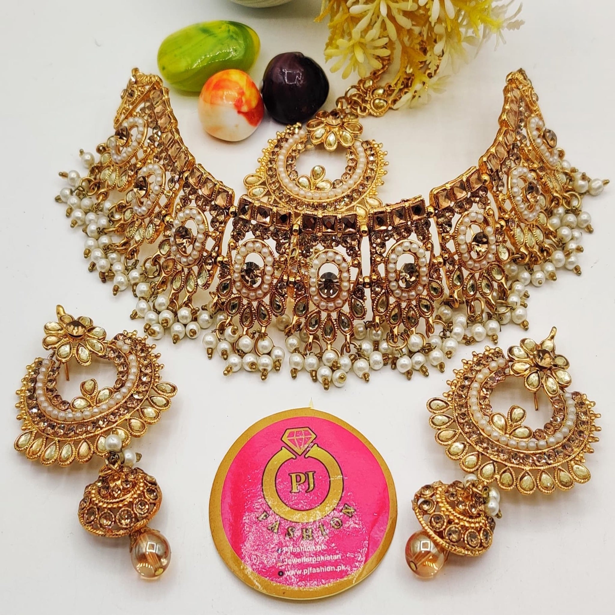 Golden Collar Bridal Necklace Set with Golden Stones (FDBN12)