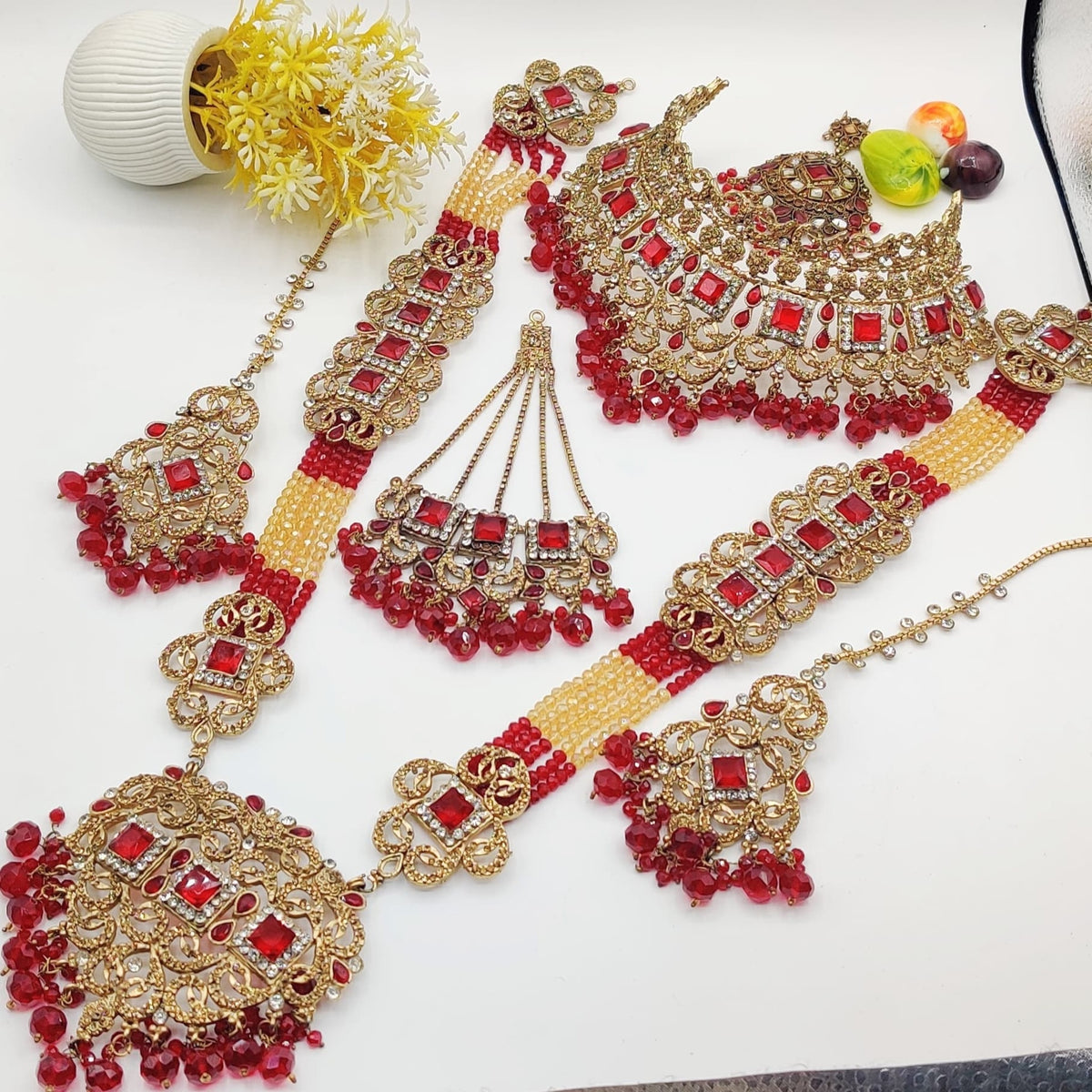 Red & Golden Maala Style Bridal Necklace Set (FDBN10)