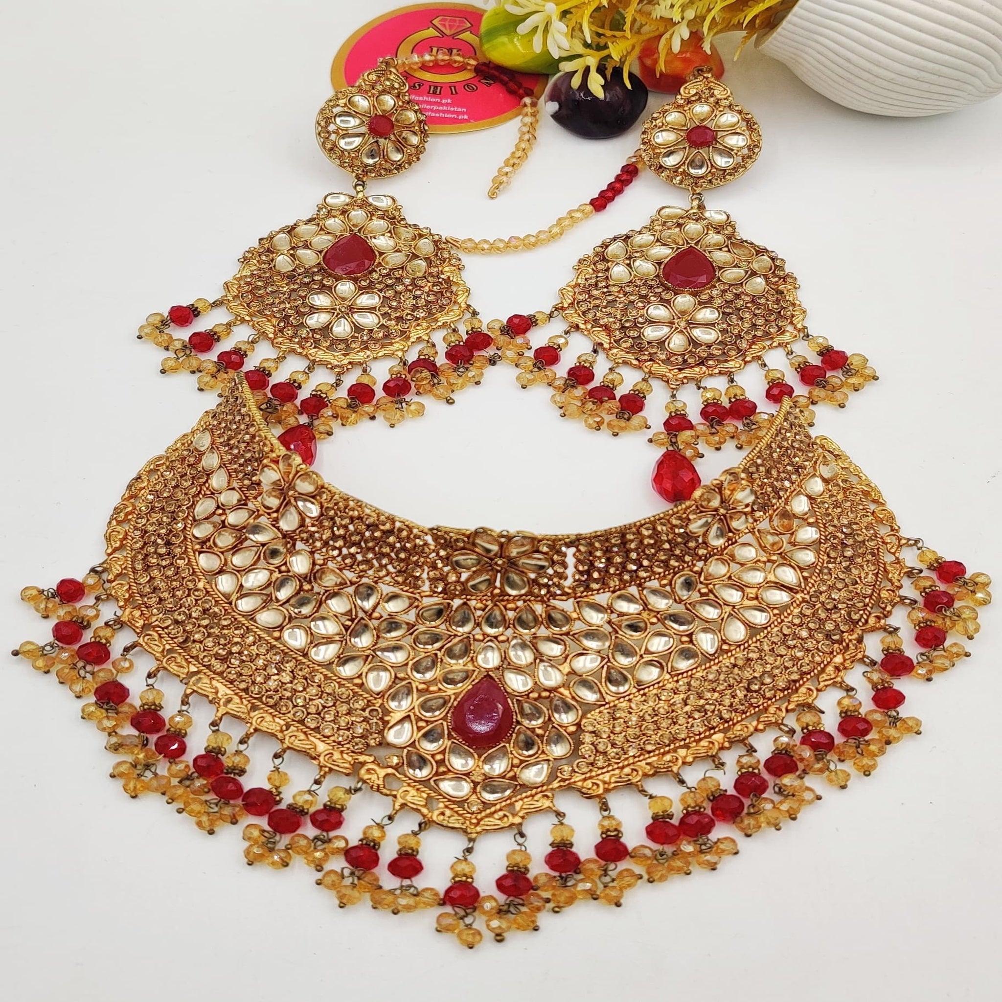 Golden Bridal Necklace Set with Red Stones (FDBN8)