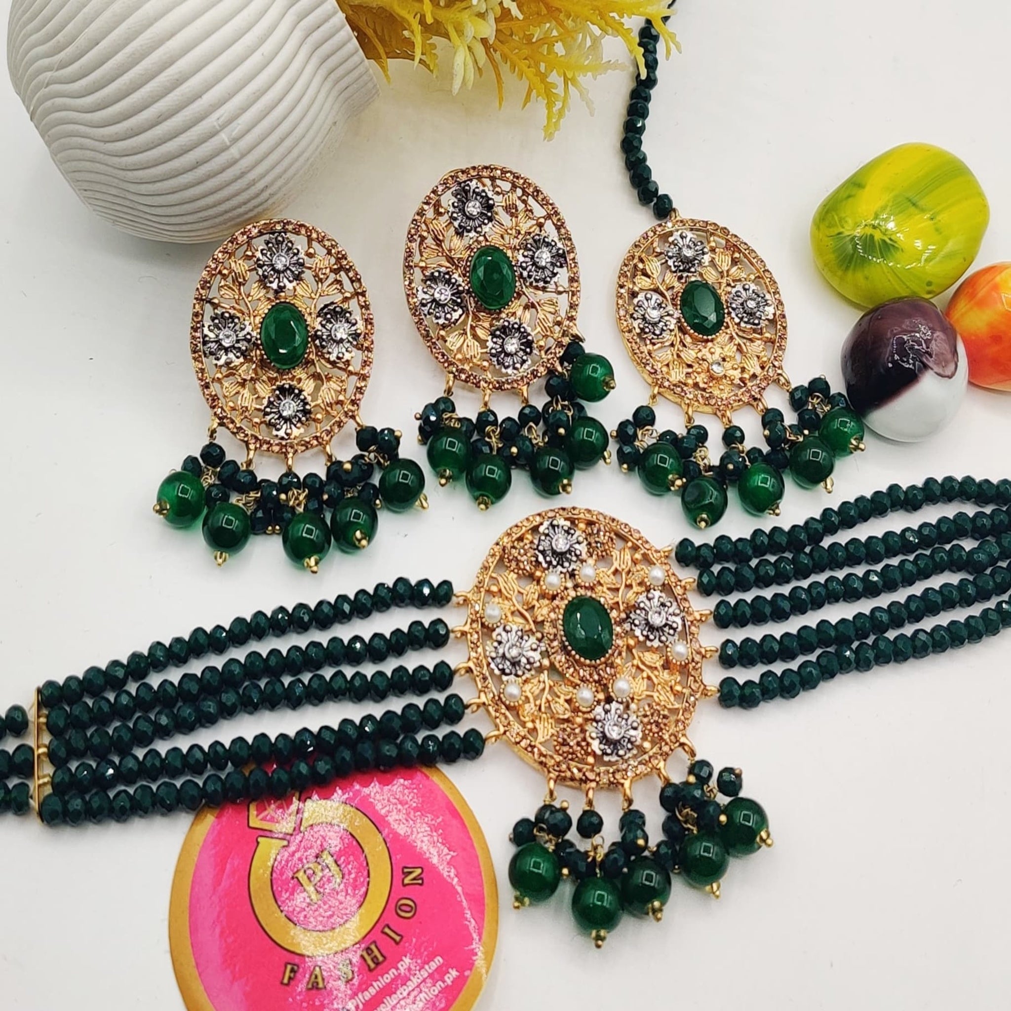 Dark Green Choker Necklace Set (FDN103)