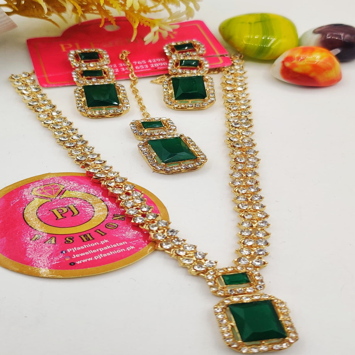 Green & Golden Zircon Stone Necklace Set (FDN104)