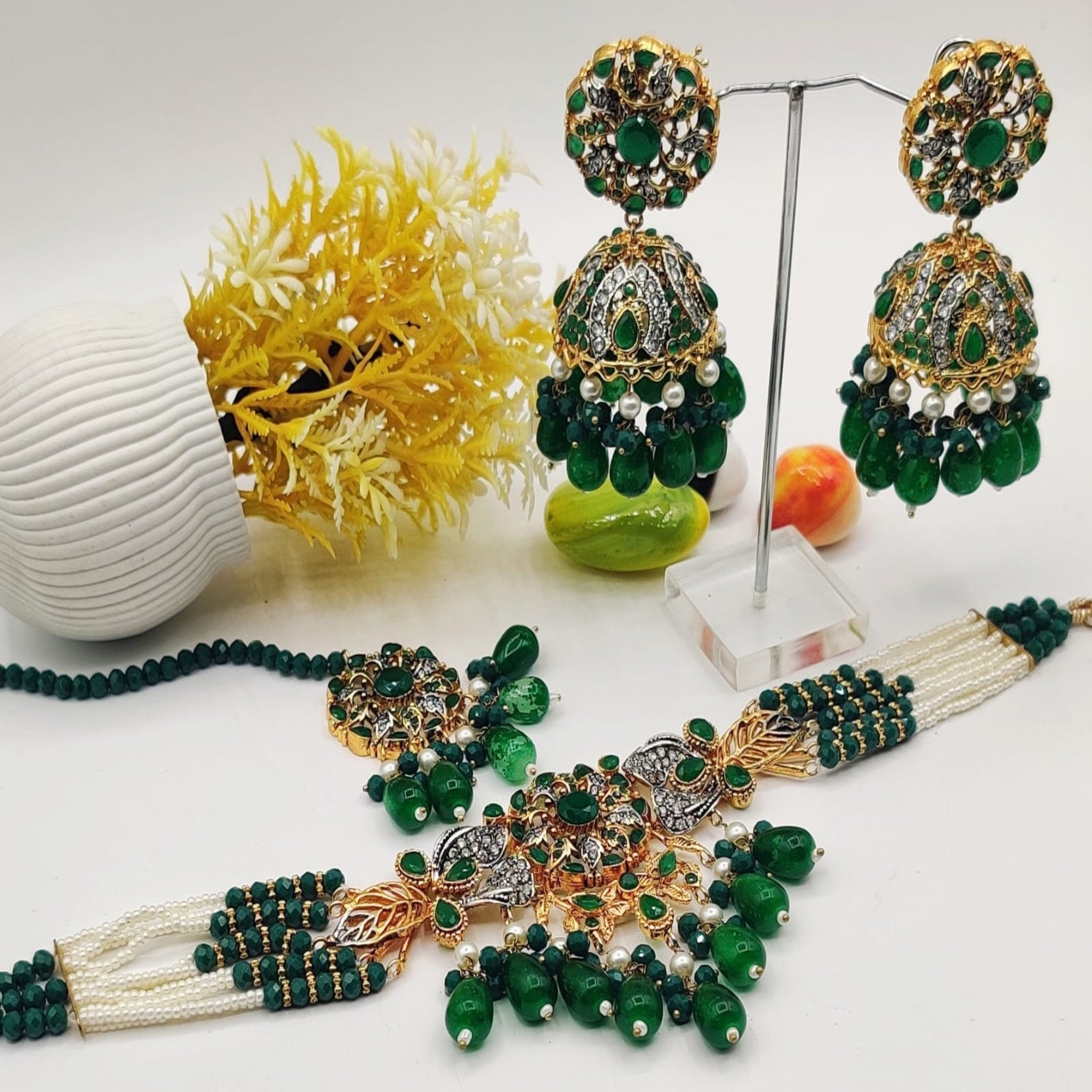 Dark Green Choker Necklace Set with Jhumkas (FDN107)